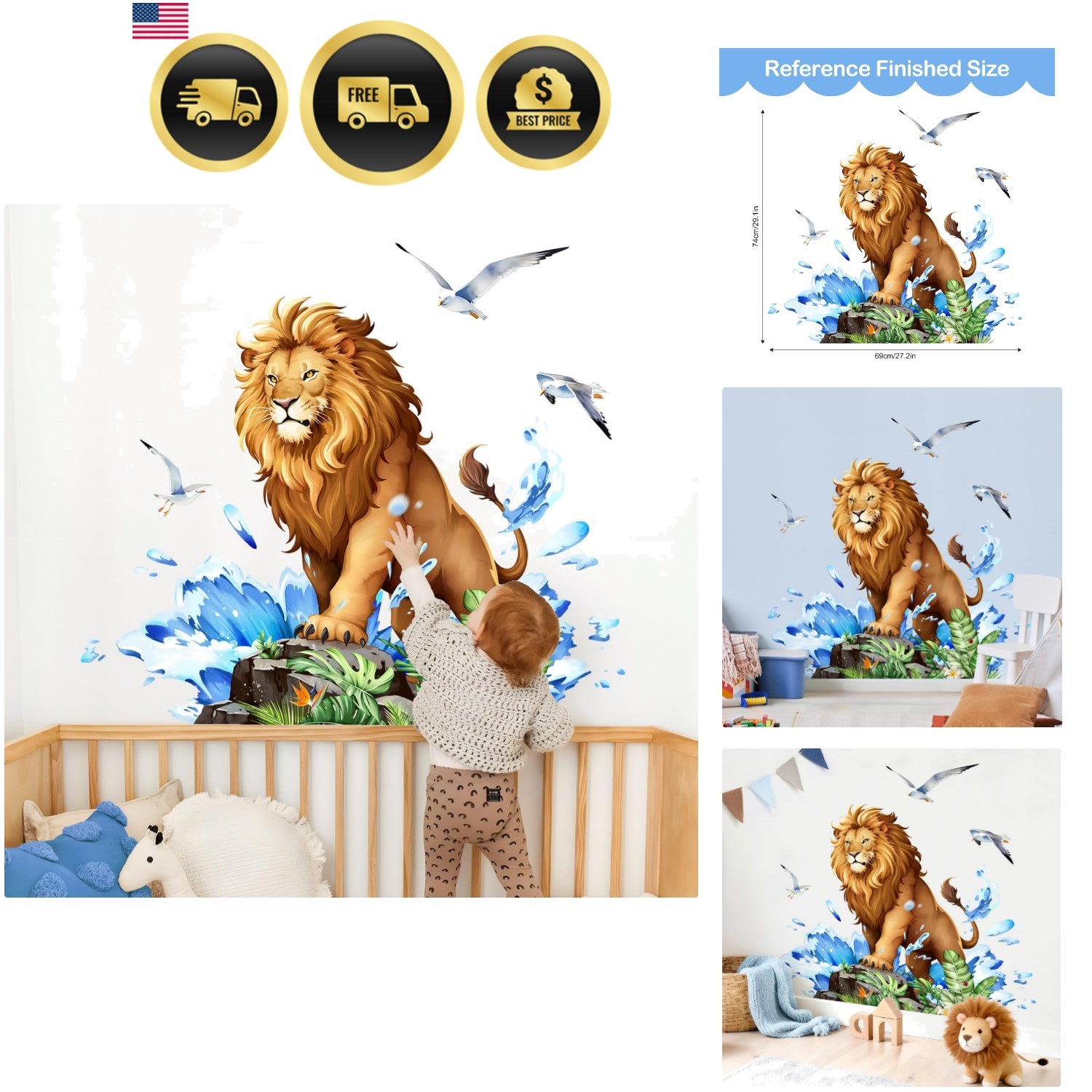Lion Wall Decals Safari Animal Wall Sticker with Leaves Waves | Peel and Stic…