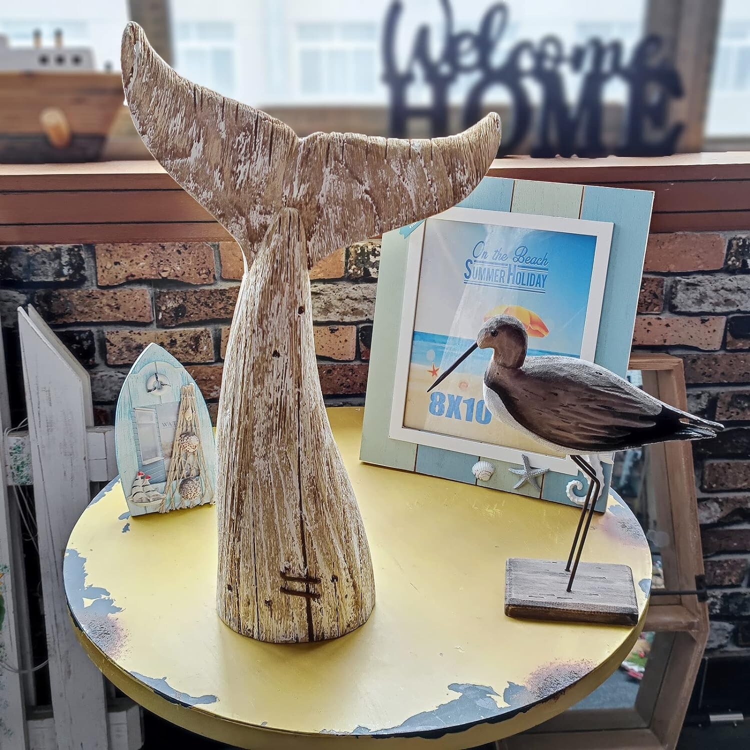 Aecipl Nautical Home Decor Wood Whale Tail Tabletop Statue Decorative (19.5" H)