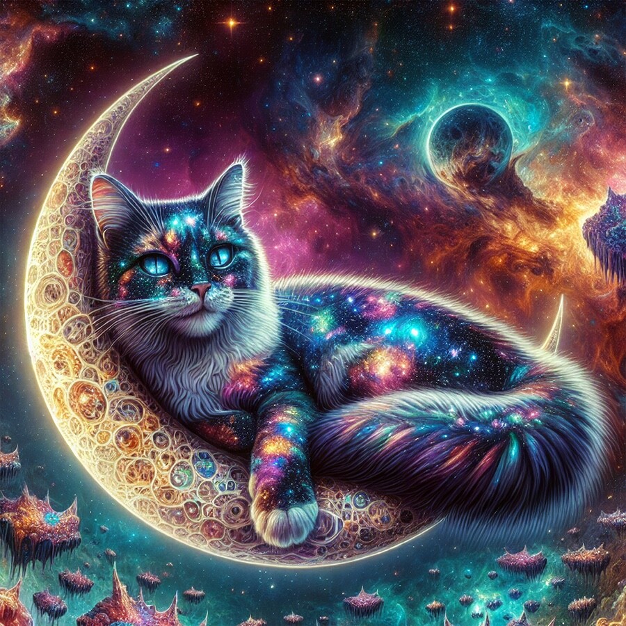 Galaxy Cat on Crescent Moon | 3×3" Waterproof Vinyl Decal – Free Shipping