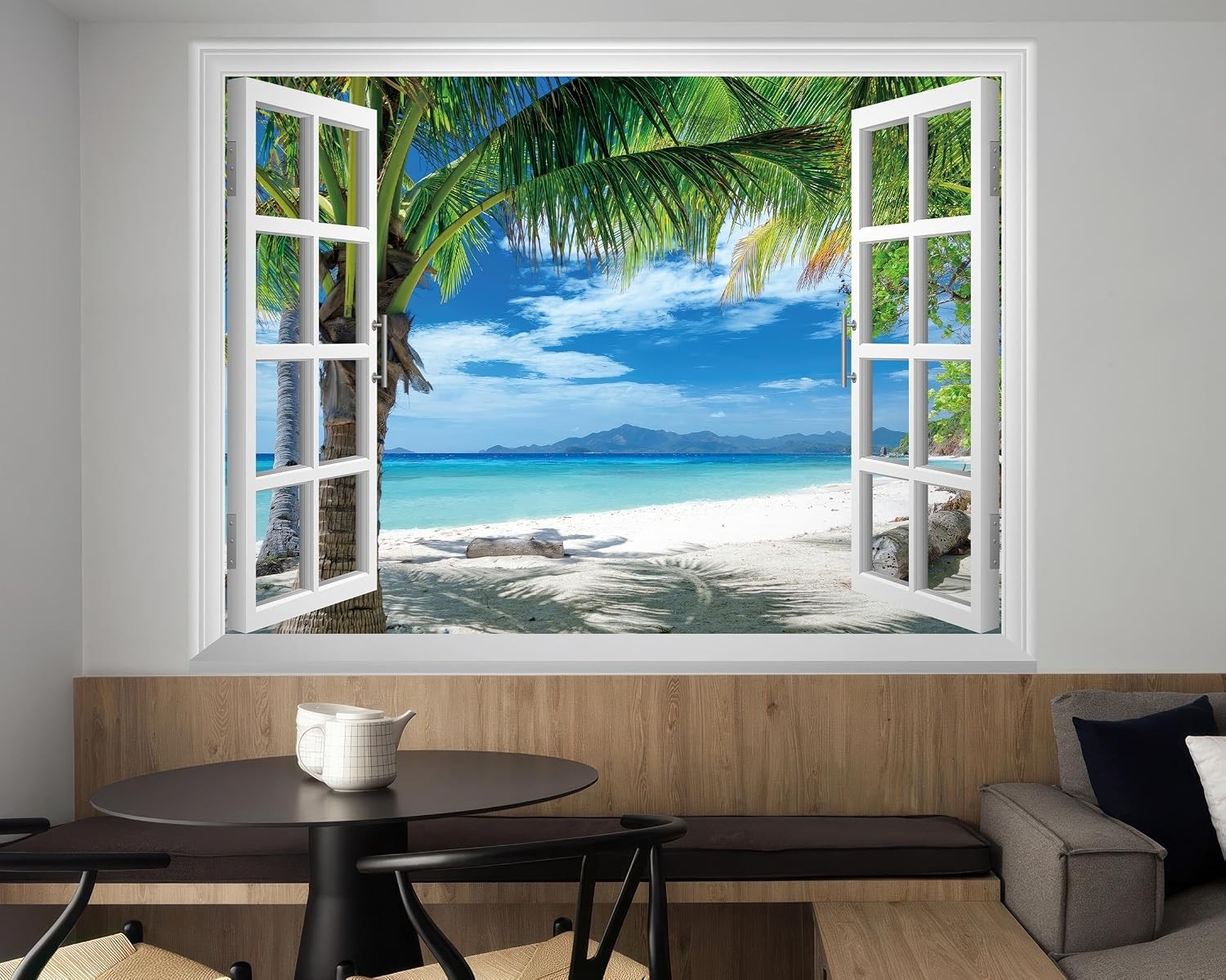 Fake Window Wall Mural – Beach Palm Trees Faux Win