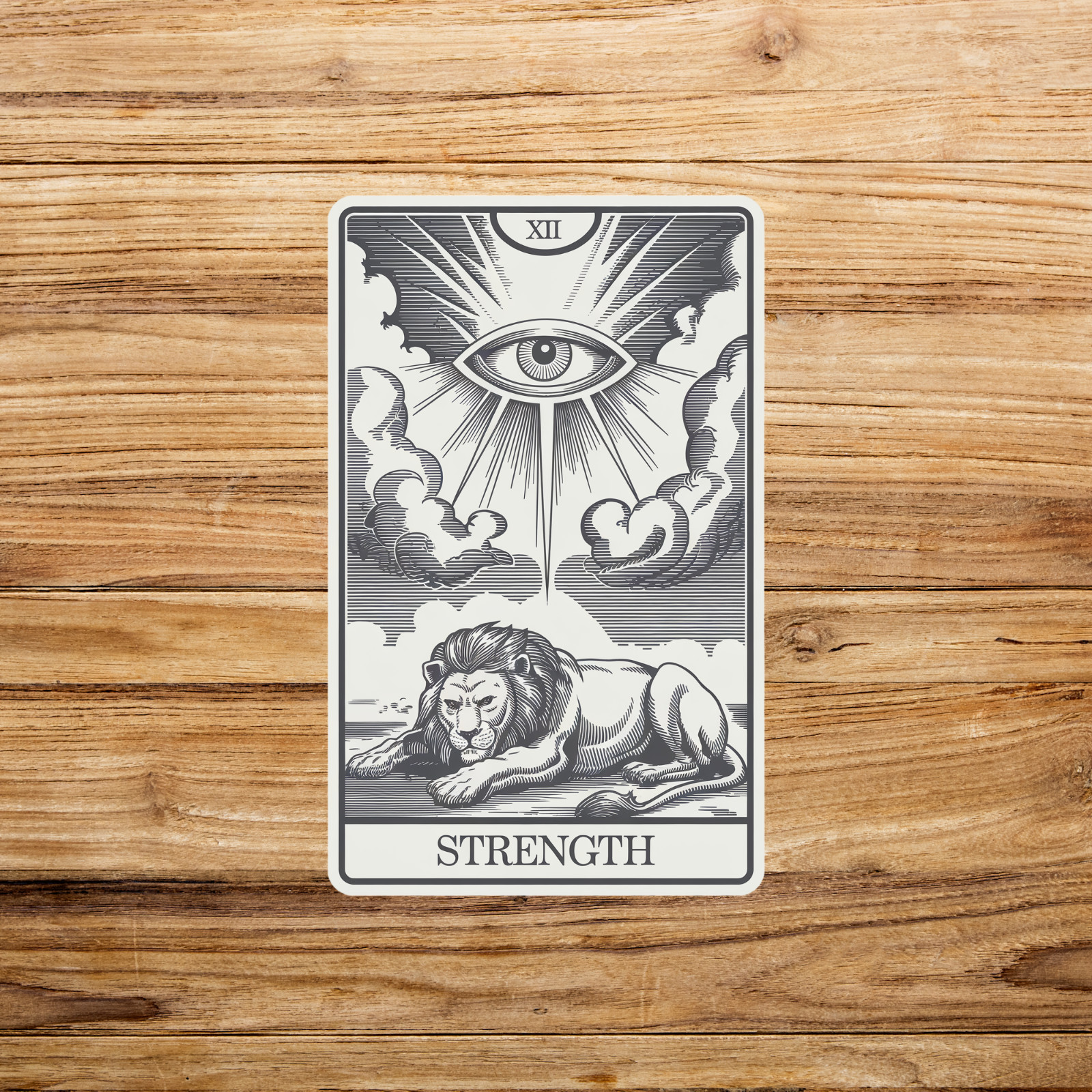 Vintage Strength Tarot Card Sticker – Mystical Lion Illustration – Antique Inspi