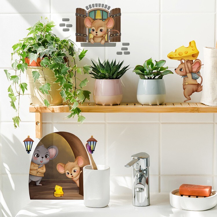 3D Mouse Hole Realistic Wall Sticker Cartoon Decal Kids Fun Vinyl Art Home Decor