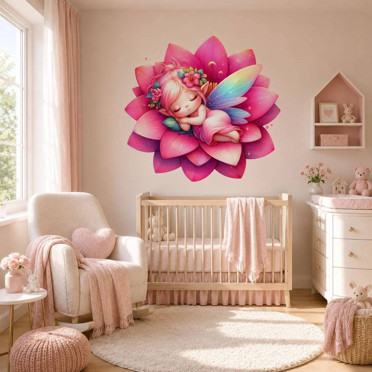 Sleeping Fairy Wall Vinyl Decal | Cute Pink Lotus Flower Fairy Sticker
