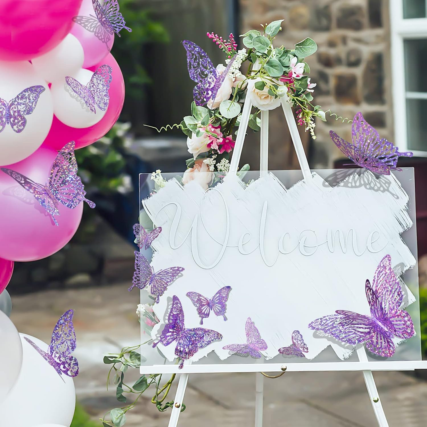 60 Pcs 3D Sequined Purple Butterfly Wall Decor Stickers, 5 Styles 3 Sizes, Holog
