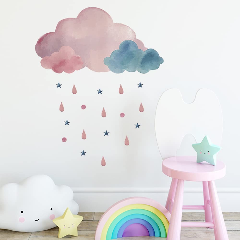 Boodecal Pink Watercolor Cloud Rain Drops Stars Kids Wall Stickers | Raining,…