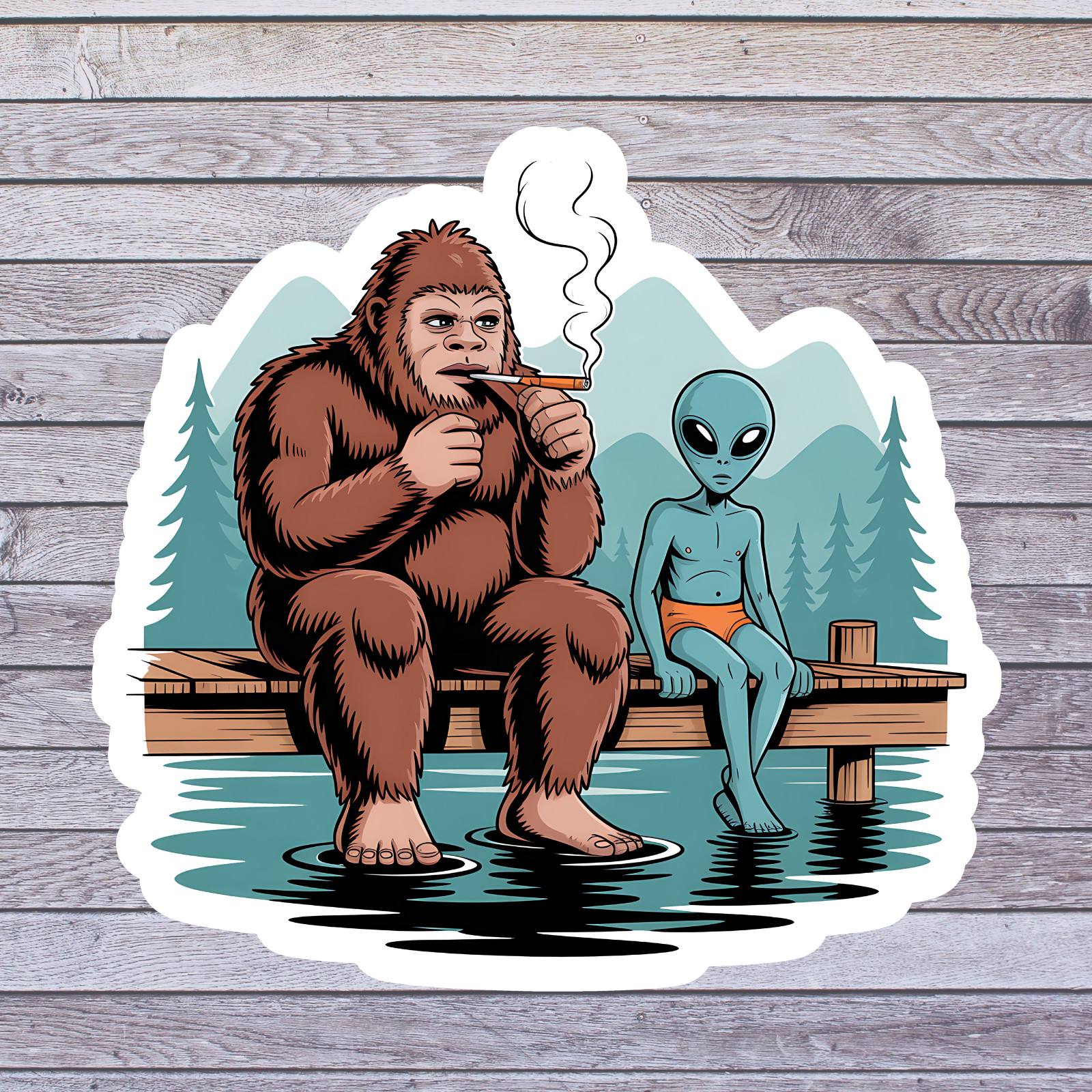 Bigfoot Alien sticker vinyl decal funny cryptid sci-fi dock illustration