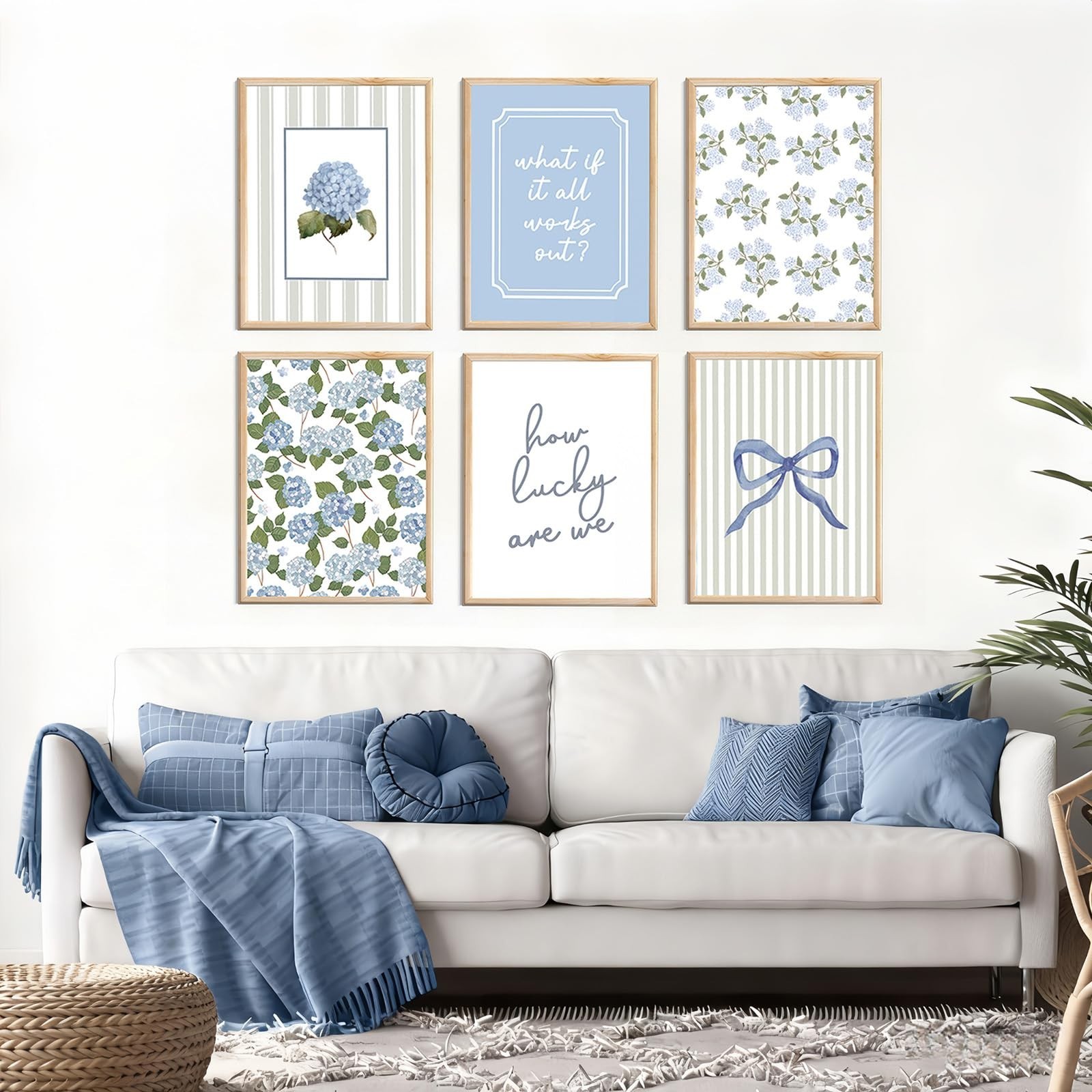 6 Pcs Blue Hydrangea Bow Canvas Wall Art How Lucky Are We Poster Prints Trend…