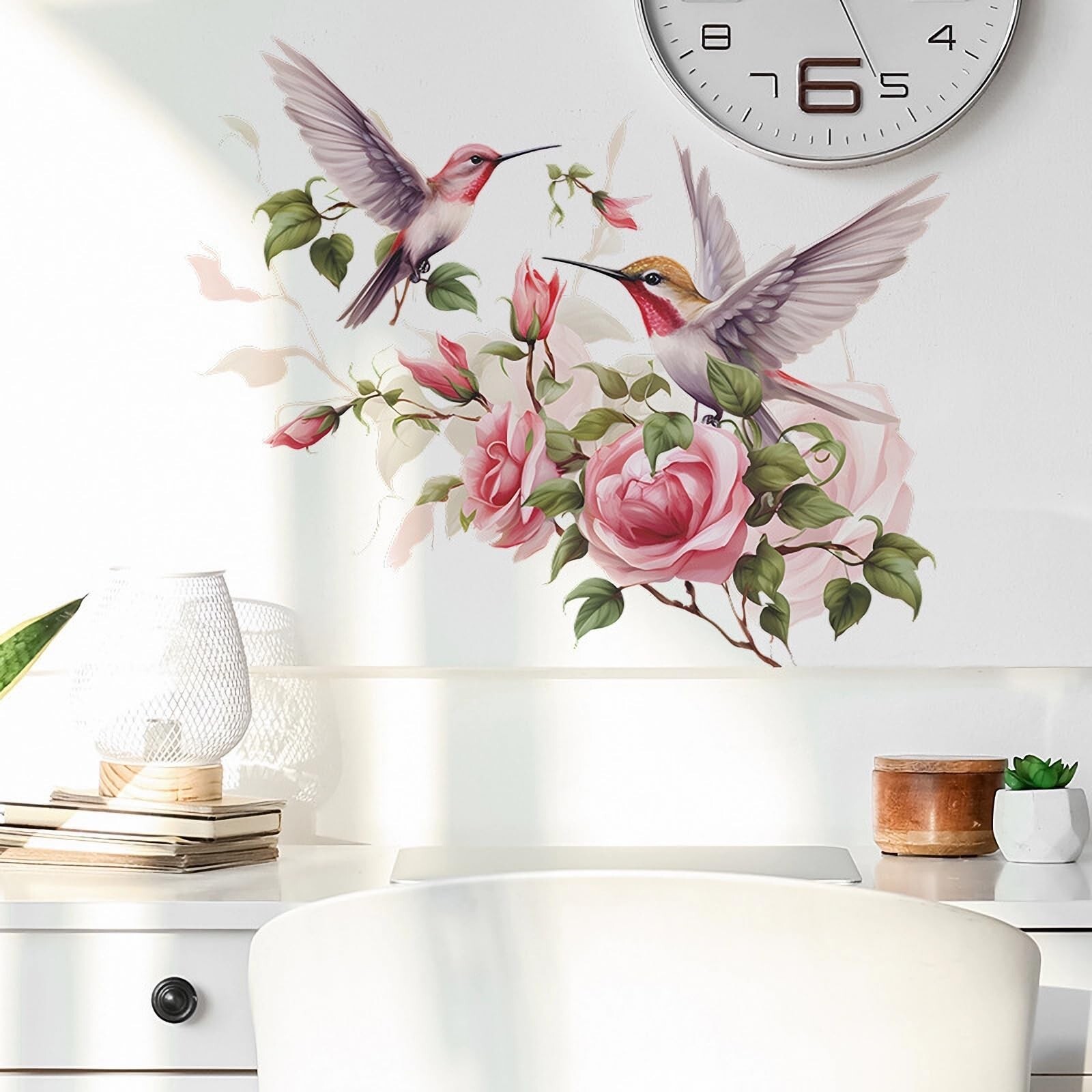 Pink Rose Hummingbird Flower Wall Stickers, sacinora Romantic Floral Art Bird…