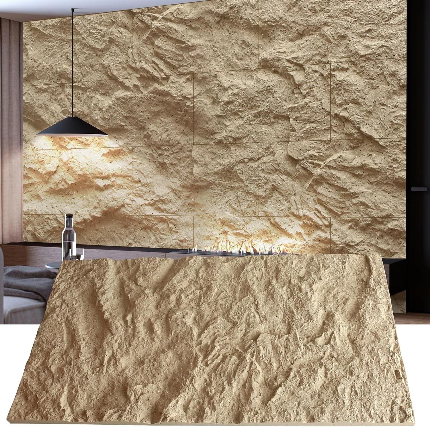 4 PCS 3D Faux Stone Wall Panels -Golden Hemp Cement Texture Wainscoting Decor