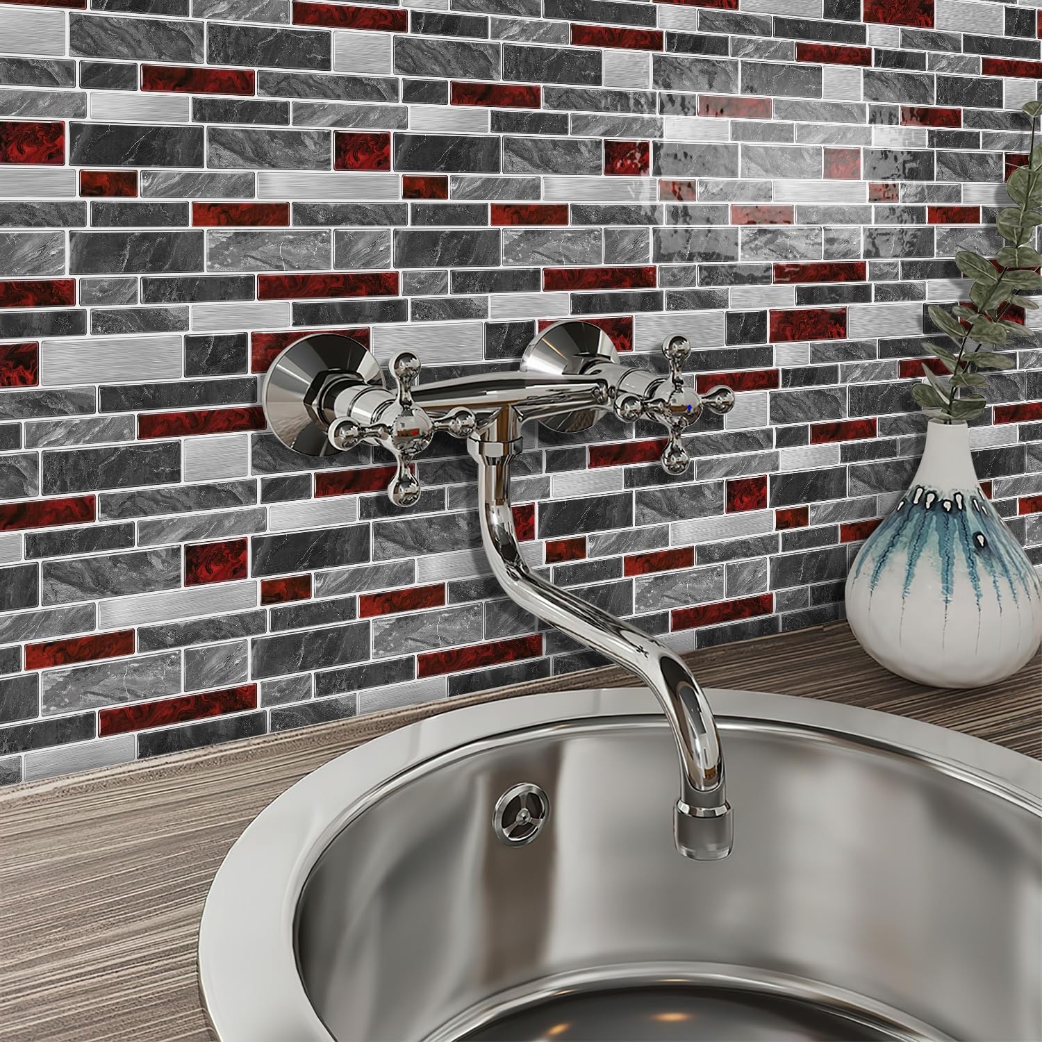 10 Sheets 12" x12inch Black and Red Marble Effect Vinyl Tiles, Backsplash, Se…