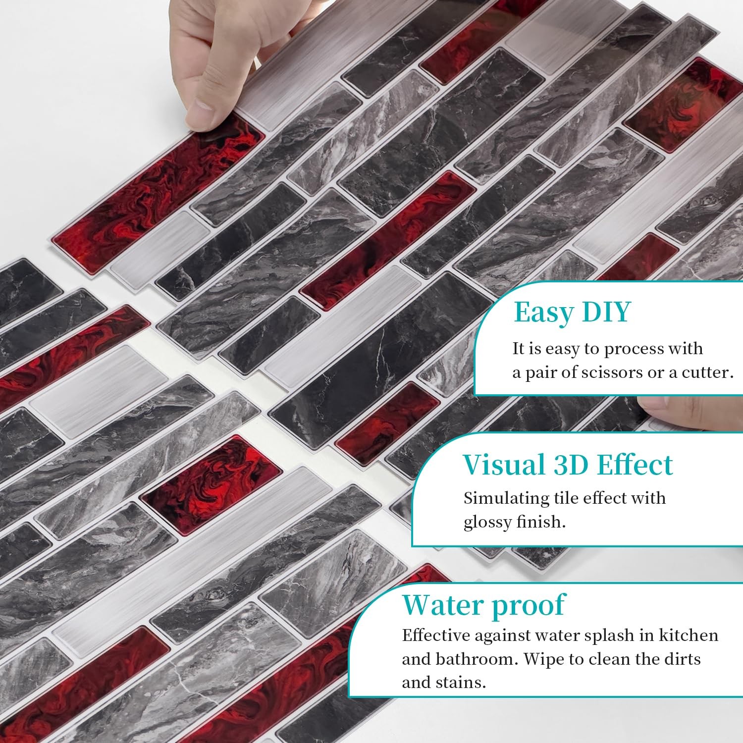 10 Sheets 12" x12inch Black and Red Marble Effect Vinyl Tiles, Backsplash, Se…