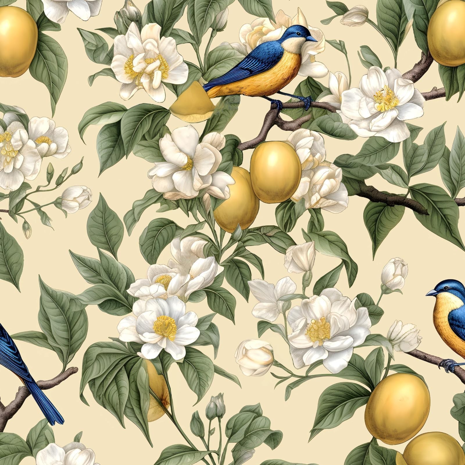 Fvlow Birds on Lemons Tree Wallpaper Vintage Yellow Floral Peel and Stick Kit…