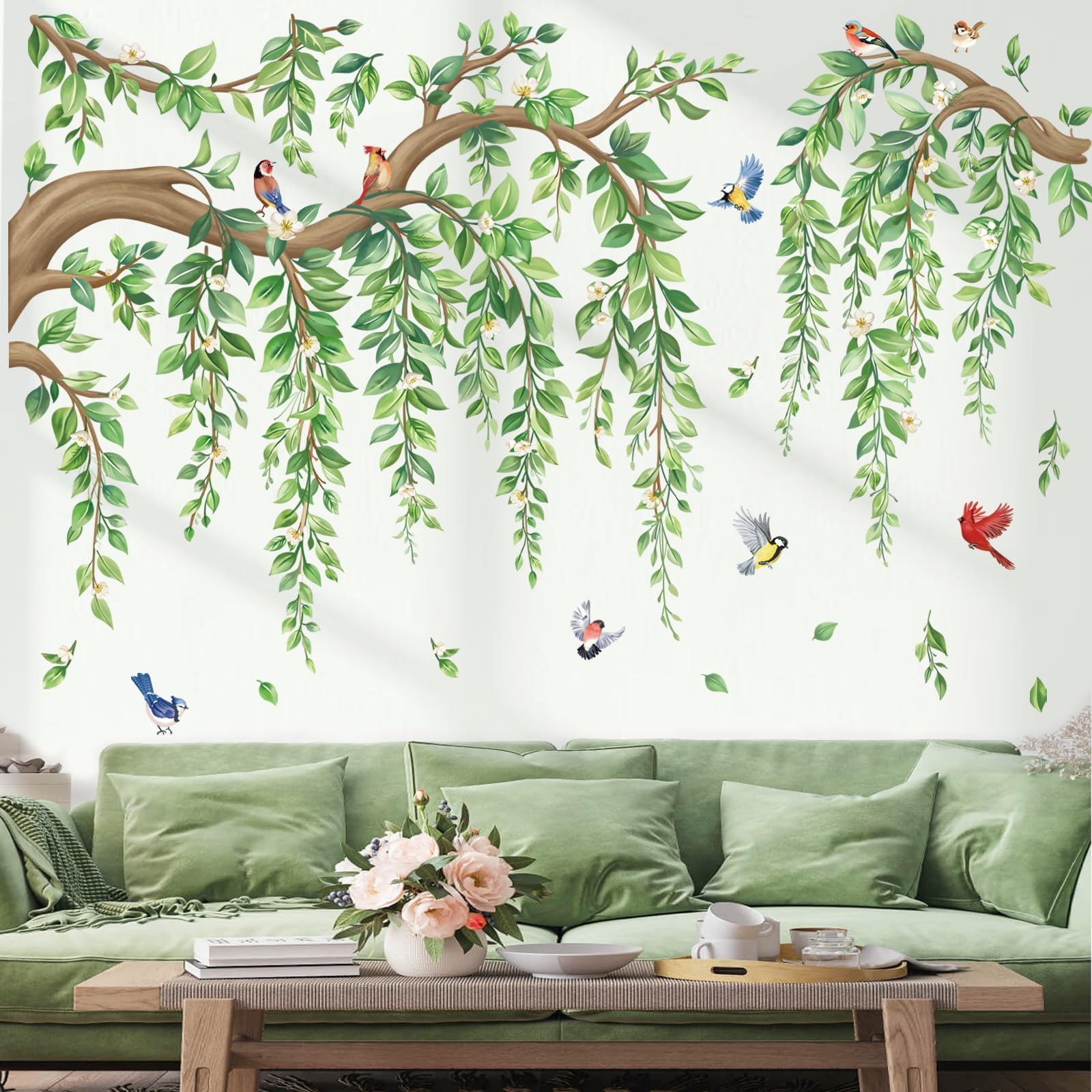 Large Tree Branch Hanging Vine Wall Stickers Green Leaf Flower Birds Peel and…