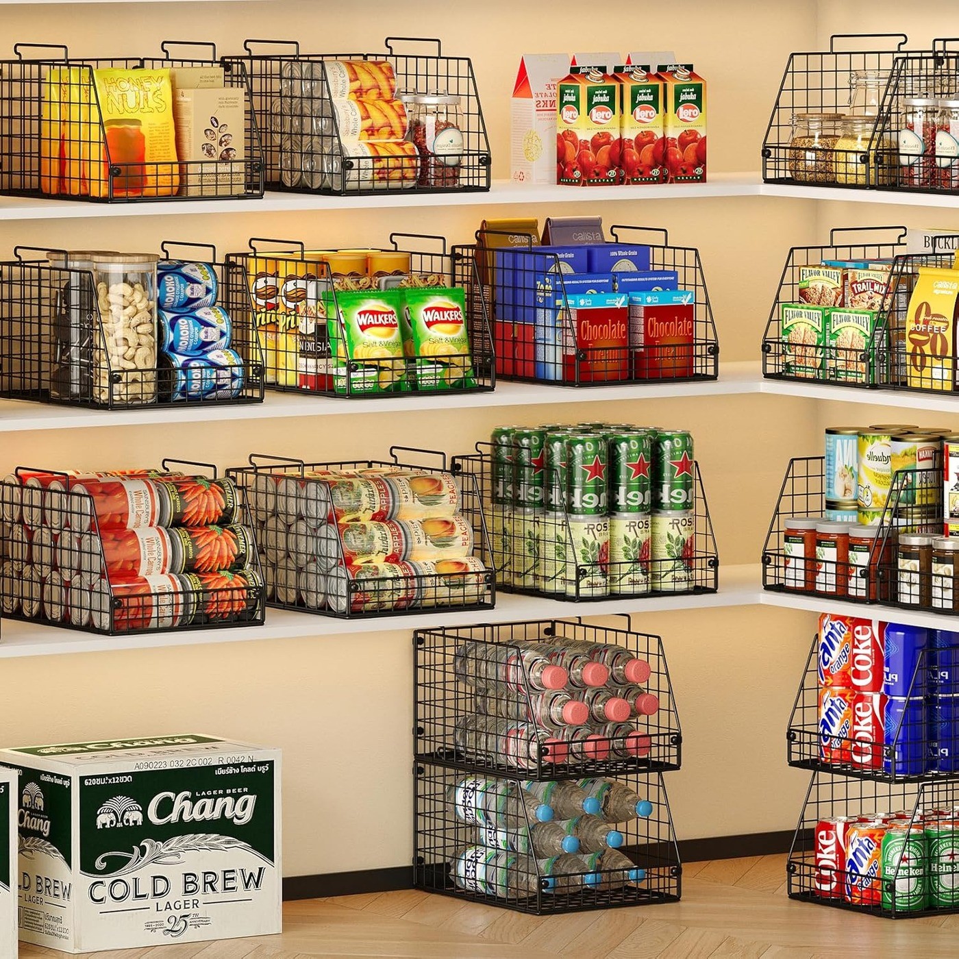 4 Pack XXL Stackable Wire Storage Basket Black Pantry Organizer