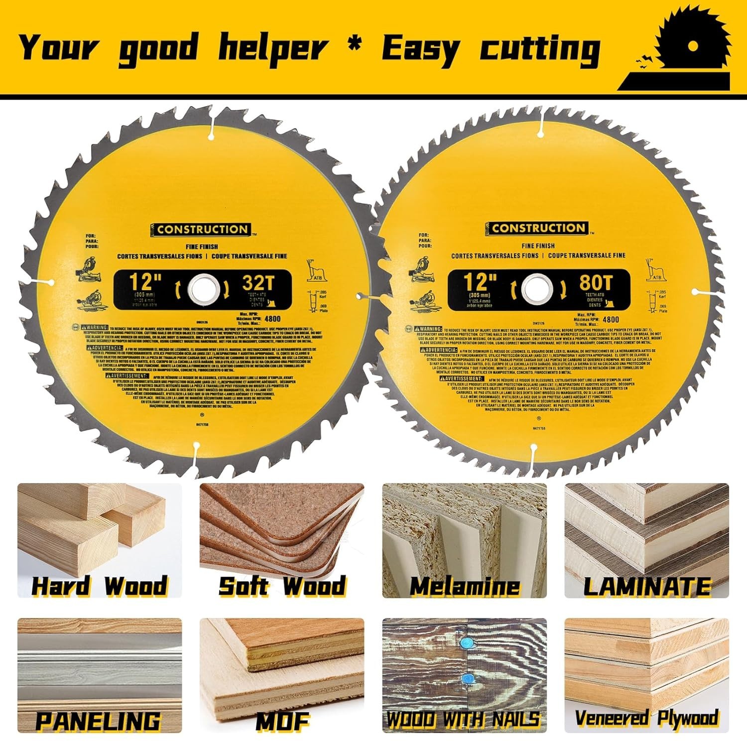 Upgraded (2-Pack) 12in Miter Saw Blade 80T&32T (dw-3128/dw-3123), D… Fast Ship