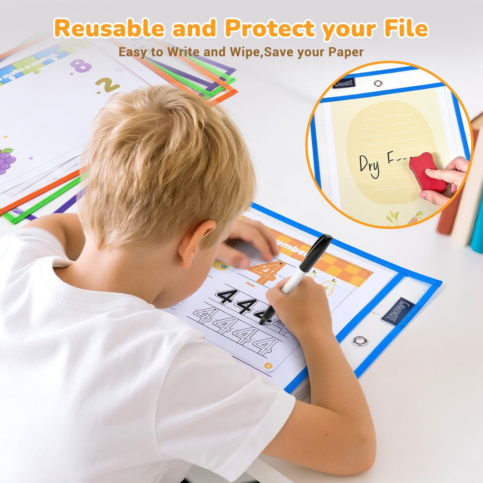 Gamenote 30 Pack Dry Erase Pockets with 5 Rings, 10 30 Pack, Assorted Colors
