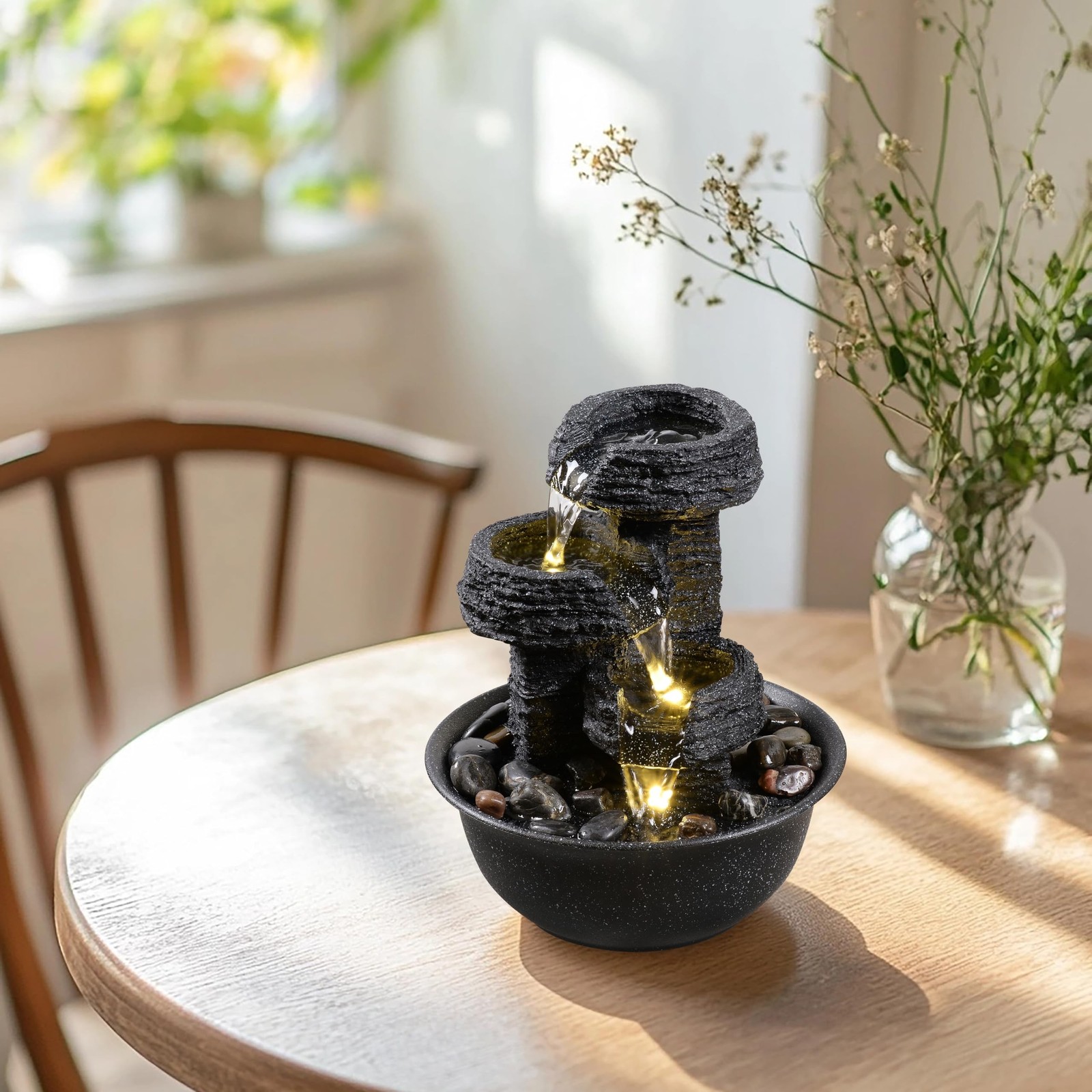 Rock Style Tabletop Fountain with LED Light – Indoor Waterfall Feature for