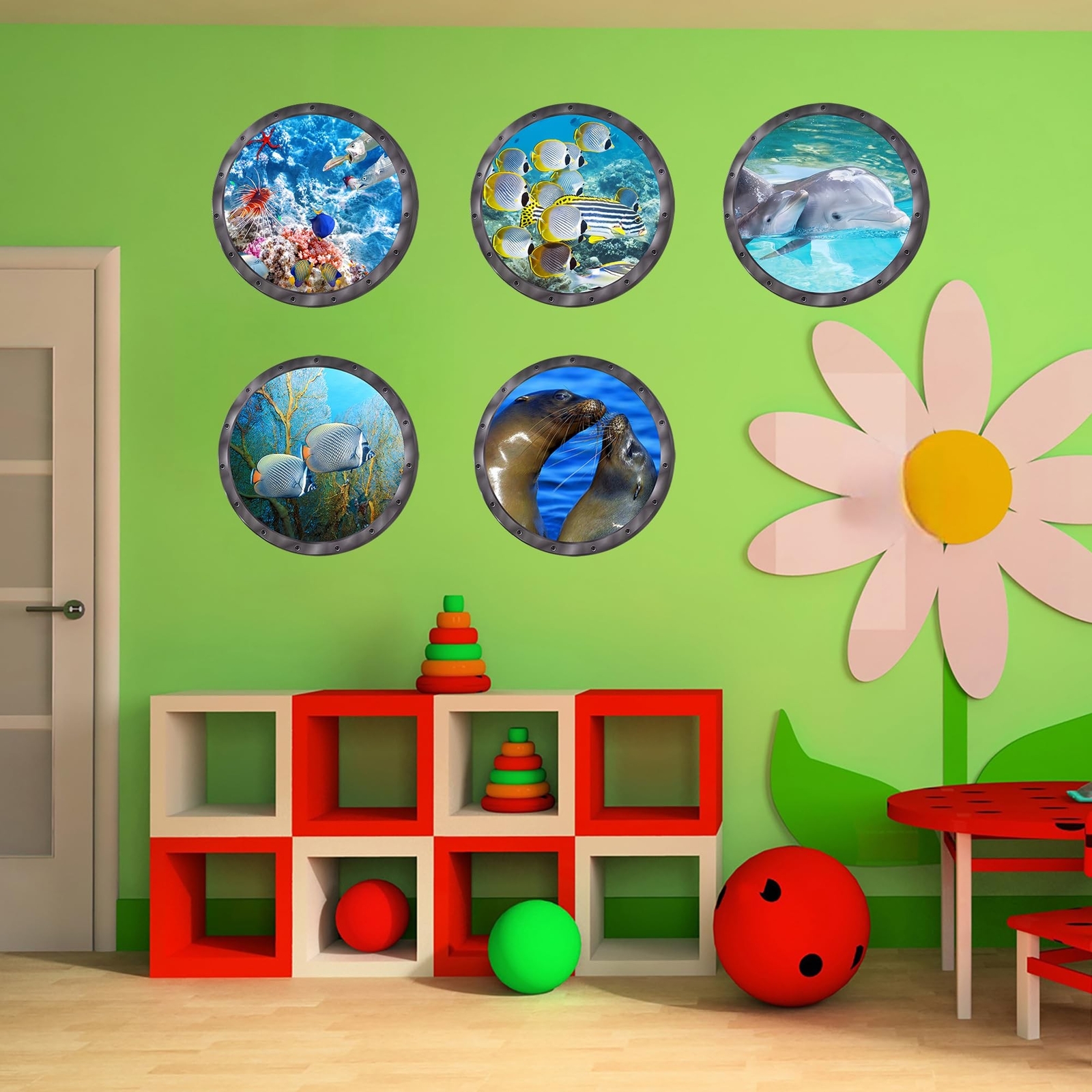Wall Stickers & Murals, 9 Piece 11-Inch Marine Animal Decals with Porthole De…