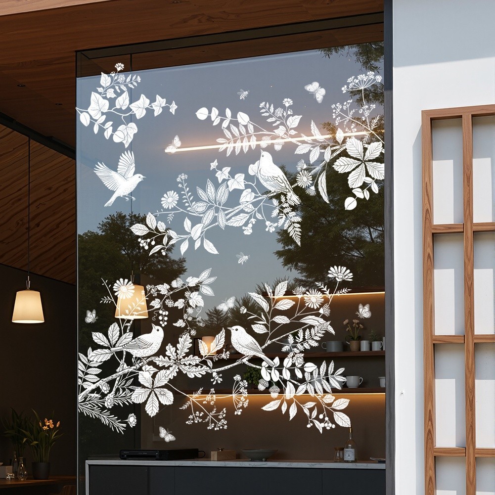 White PVC Static Cling with Floral Bird Leaf Pattern Double Sided for Windows
