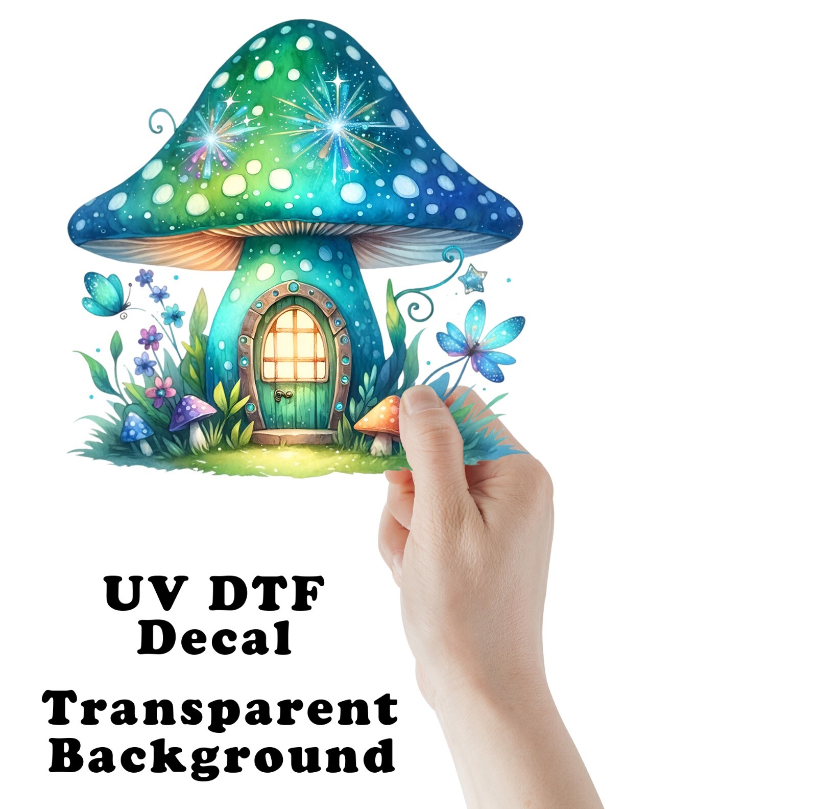 Blue Green Mushroom Fairy House UV DTF Transparent Sticker / Decal