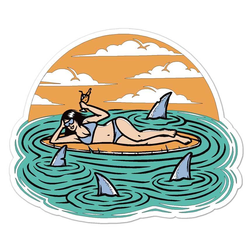 Sun Bather Sharks Surf, Vinyl Decal Sticker, Indoor Outdoor, 3 Sizes, #8054