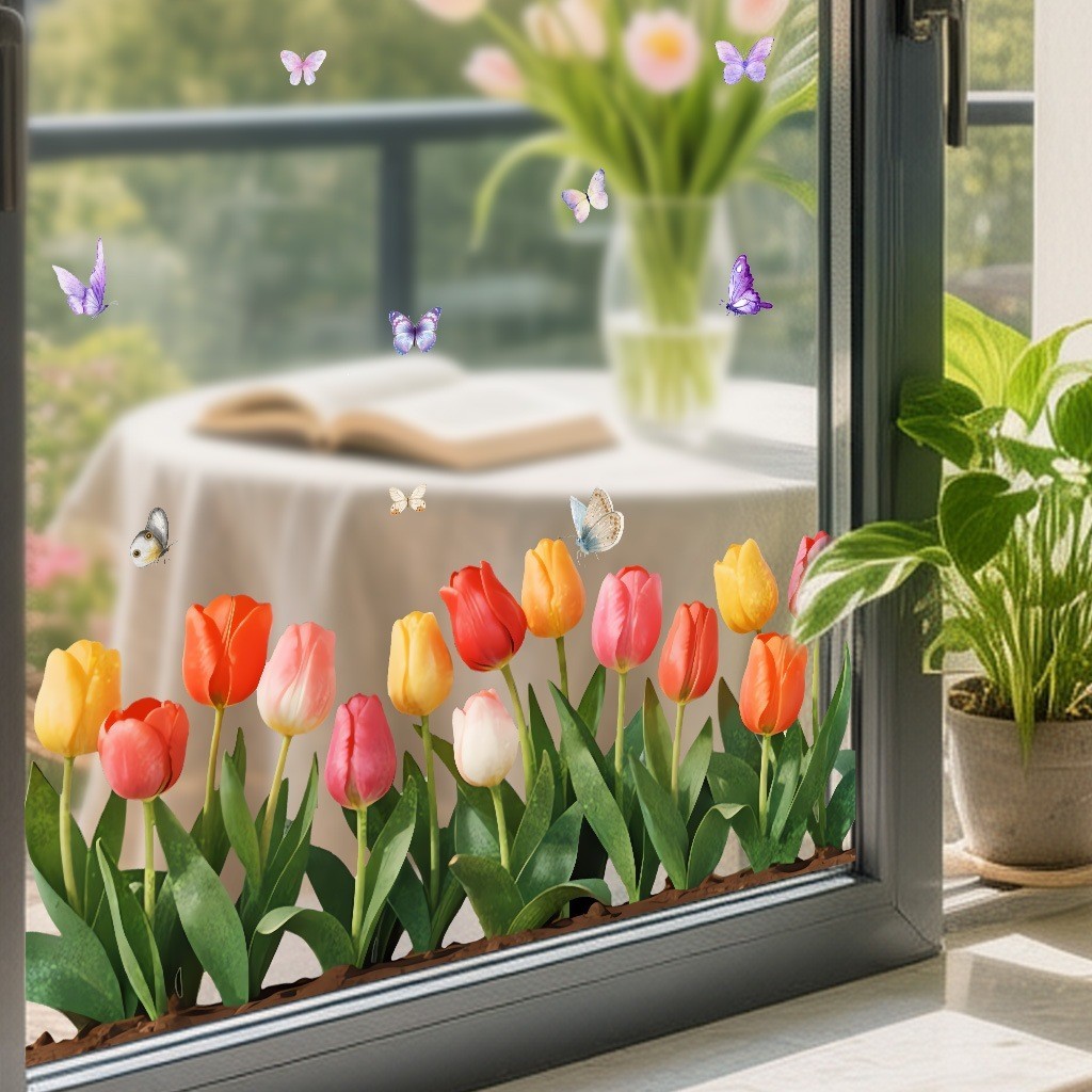 Colorful Tulip Static Cling – Waterproof Reusable Window Decal 15.7×7.9 inches