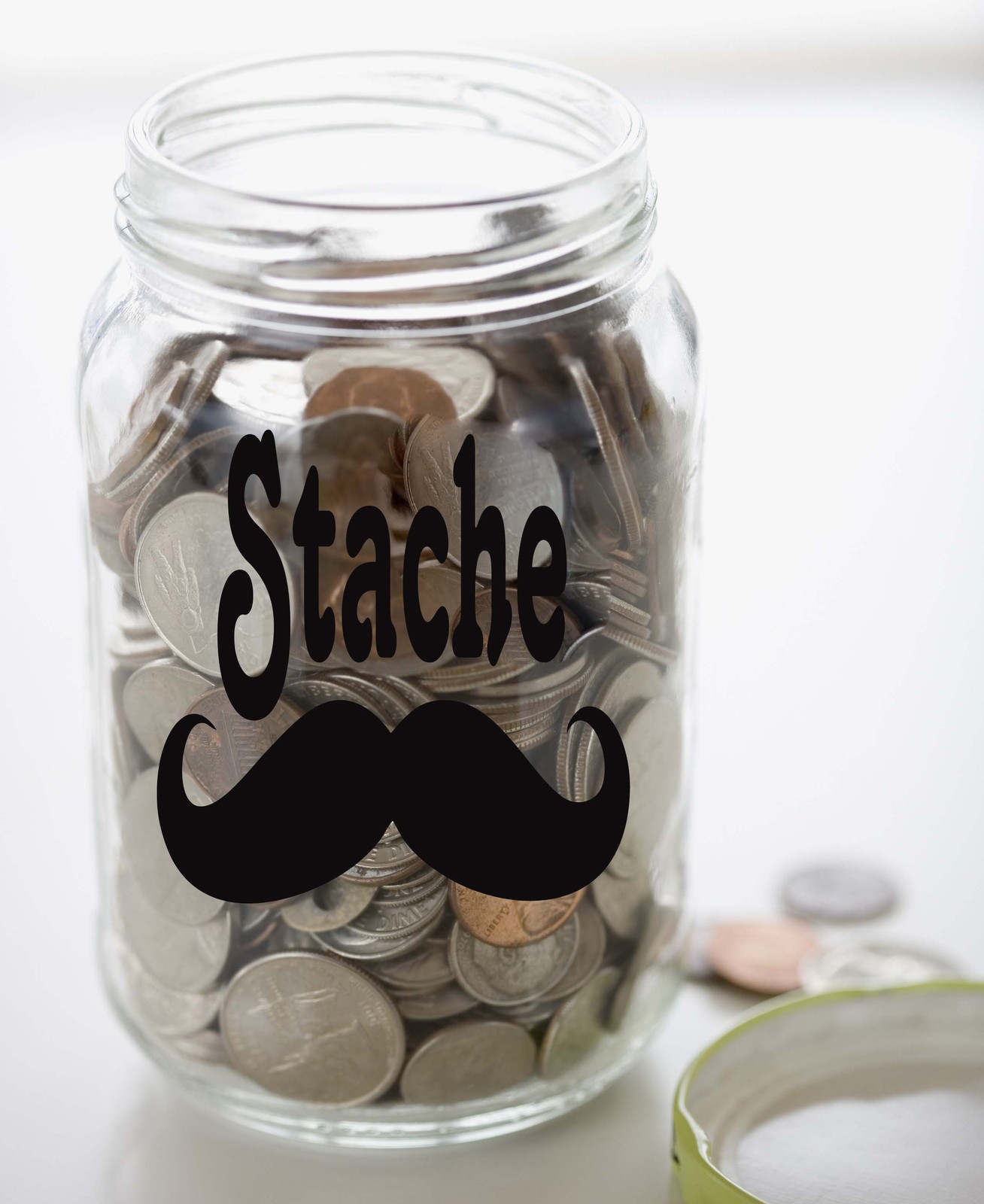 Moustache STACHE Money Jar Vinyl Sticker Decal 5.5"h x 5"w Mustache