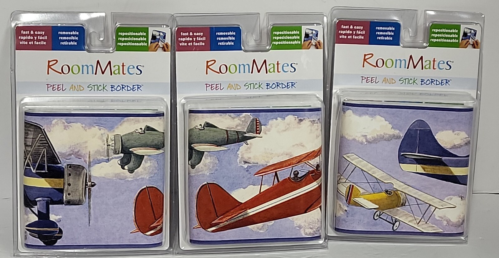 Lot of 3 Room Mates Kids Air Planes Vinyl Removable Peel Stick Wallpaper Border