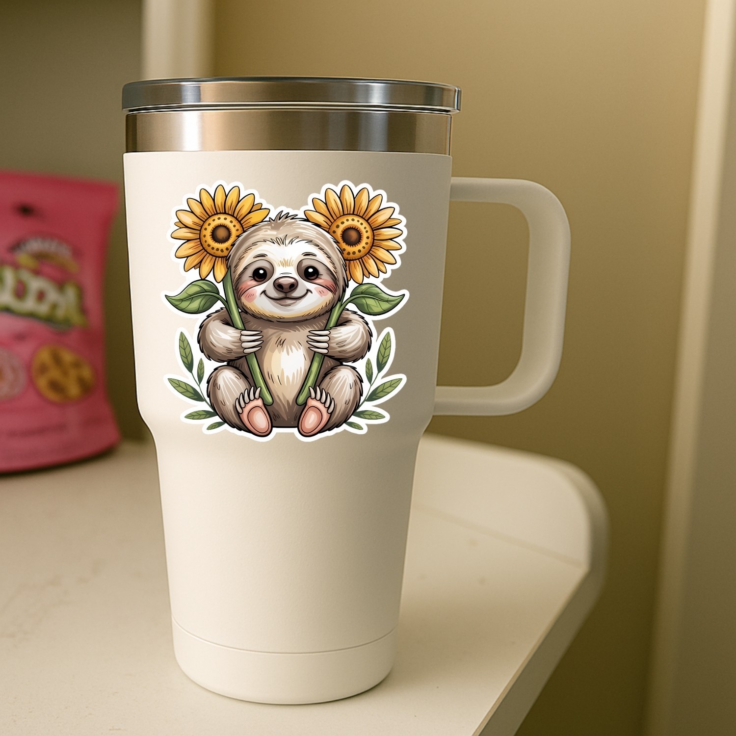 4pcs Sloth with Sunflower Stickers – Cute Floral Animal Vinyl Decals for Laptop