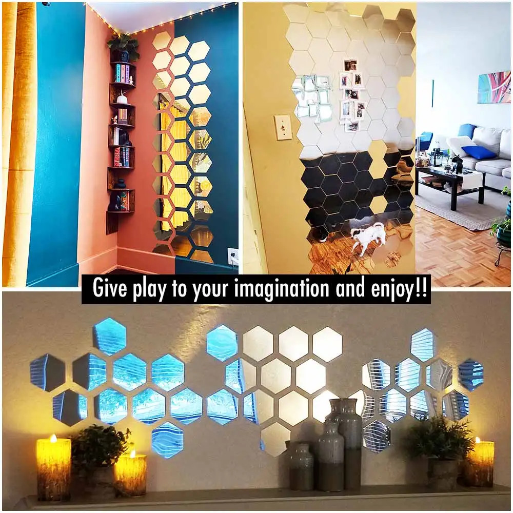 Hexagon Acrylic Mirror Wall Stickers Self Adhesive Tiles Room Home Decor Panels