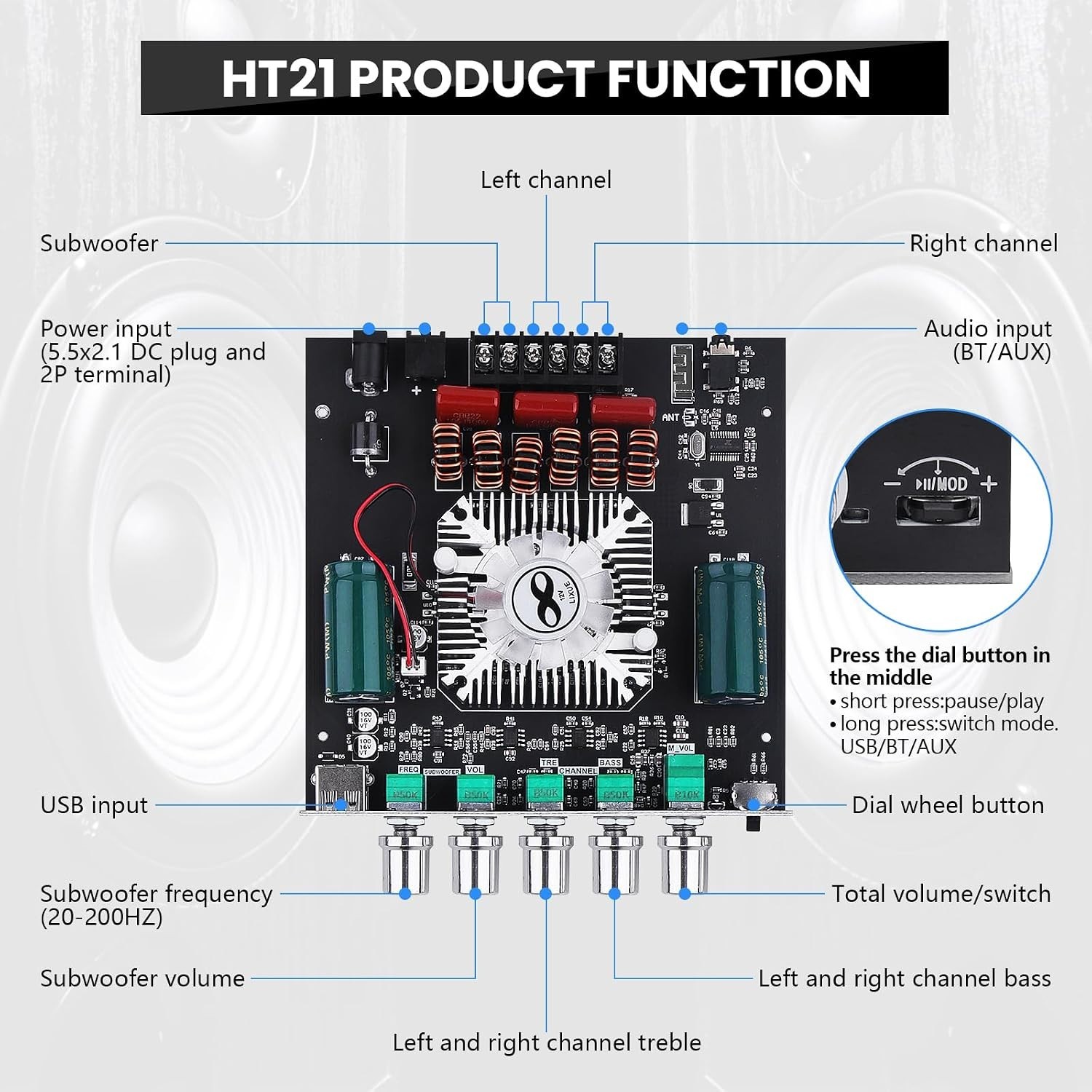ZK-HT21 Bluetooth Amplifier Board 160W×2+220W Subwoofer 2.1 Channel Audio Amplif