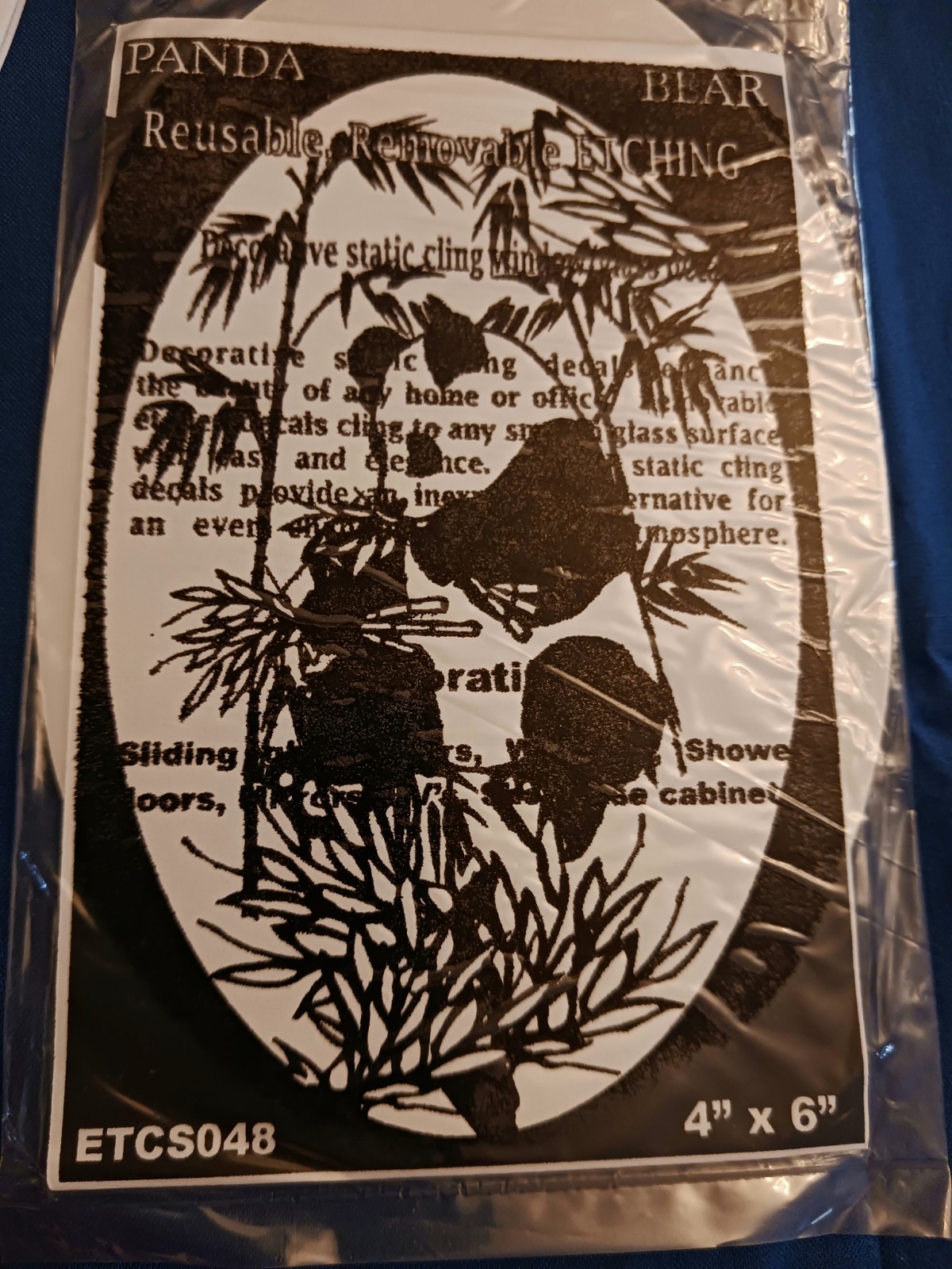 Panda Bear Decal 4"x6" OVAL Etched Glass Look Cling Removable & Reusable 48
