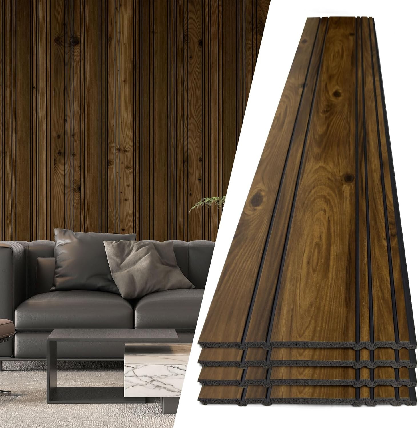 4-Pack Glue-On Wall Panels Wood Grain Texture Interior Wall Decor 104"x12"