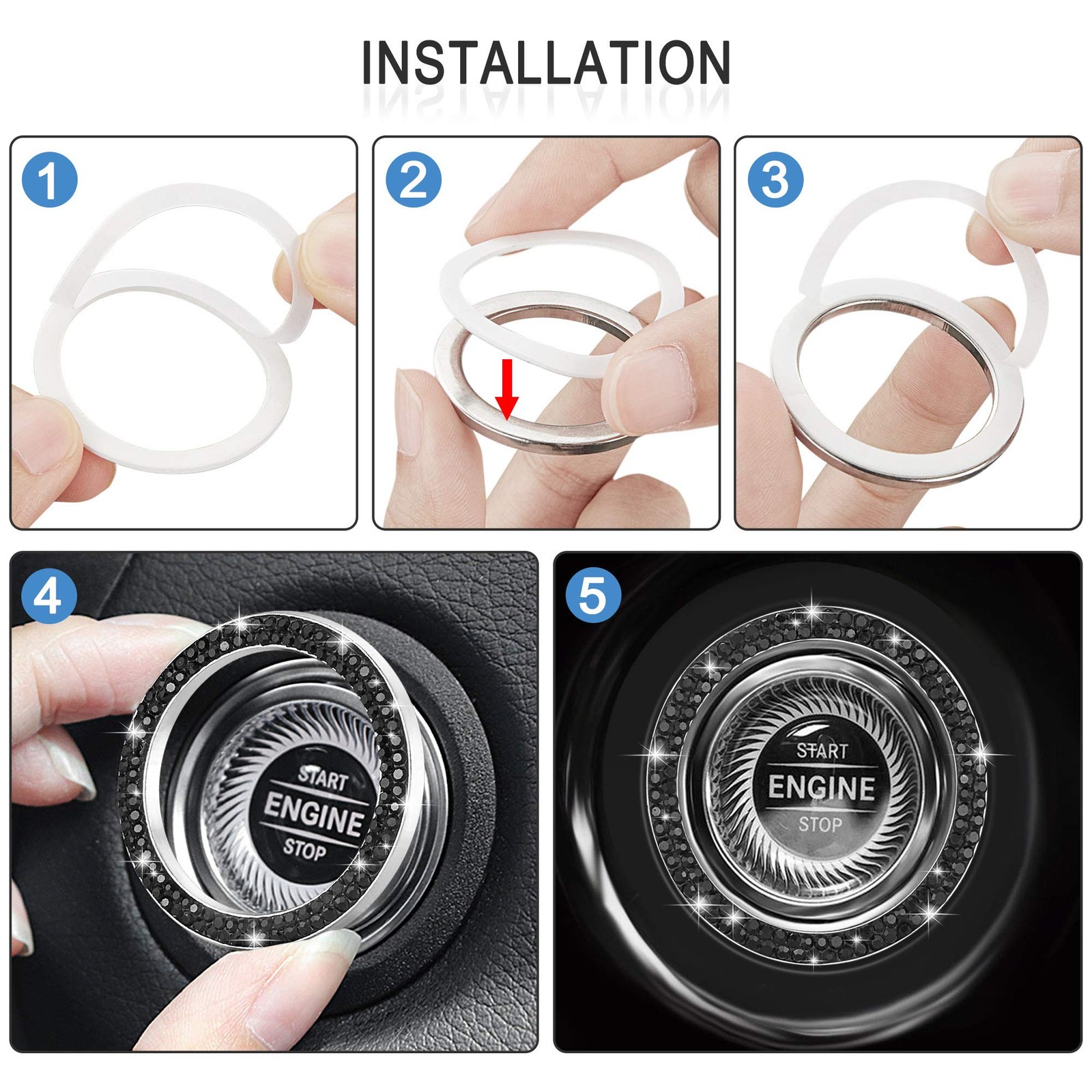 WINKA 2pcs Bling Car Engine Start Button Cover Diamond Crystal Push Start Sto…