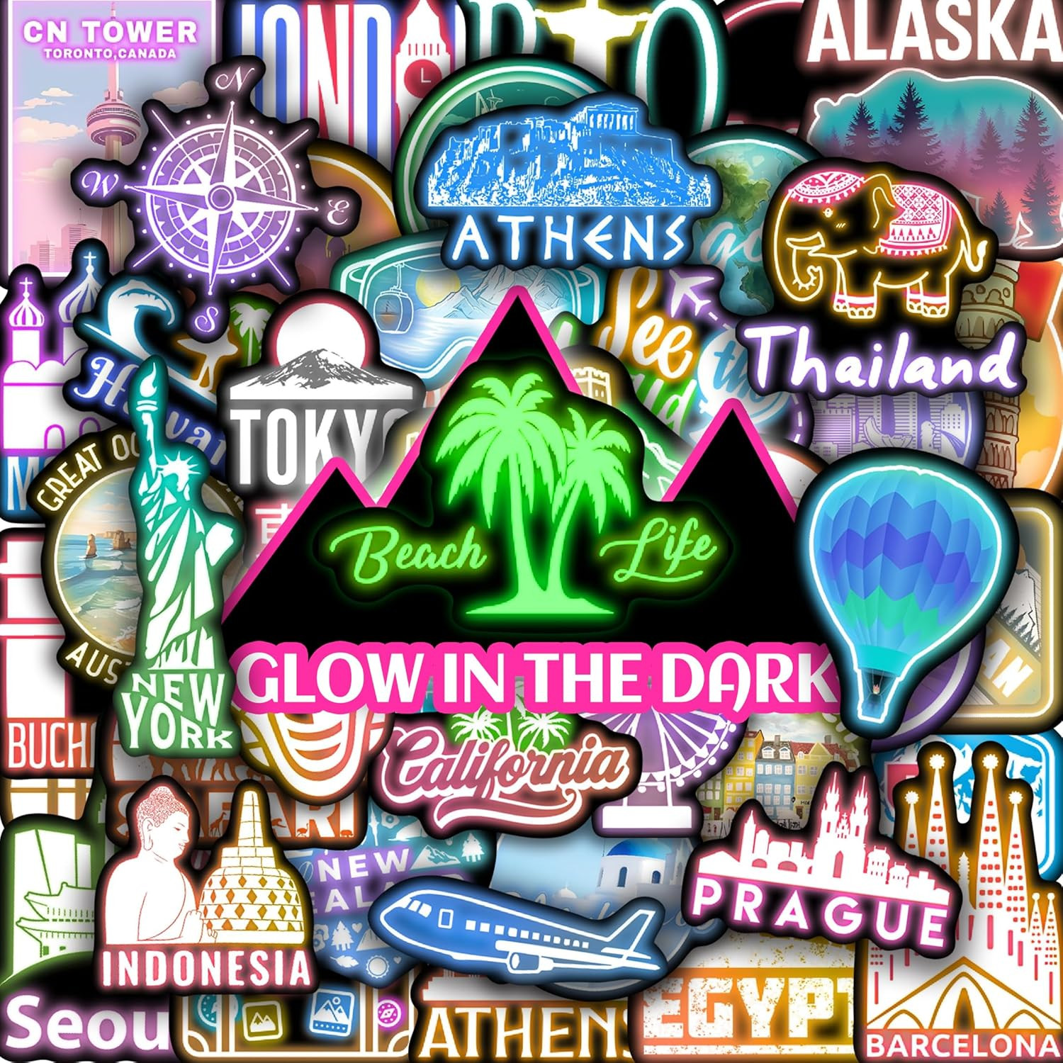 Glow in the Dark Neon World Featured Architecture Stickers for Water Bottle, 50