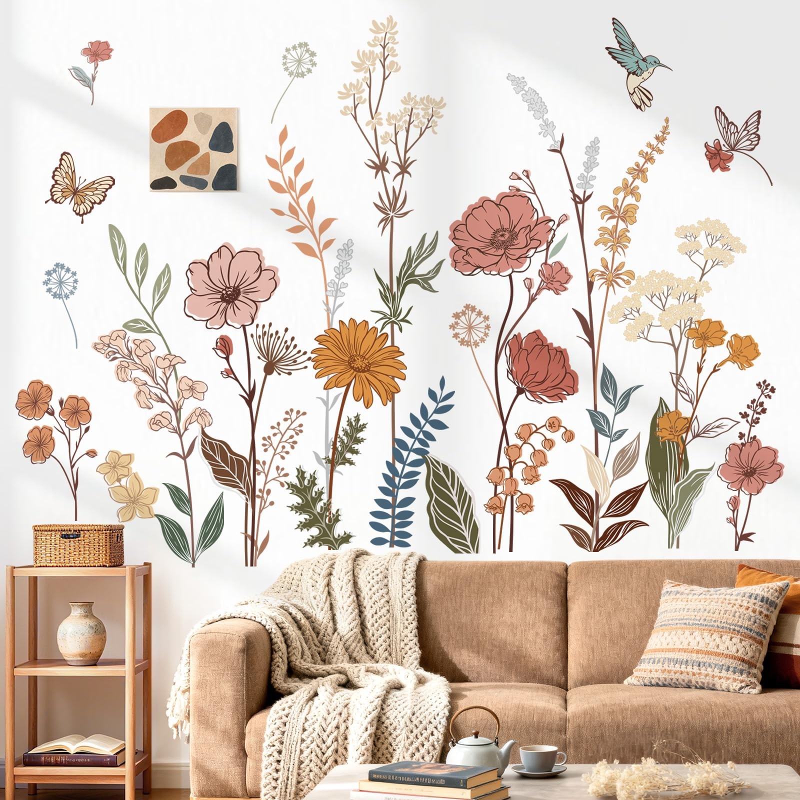 Boho Flower Wall Stickers – Floral Grass Peel and Stick Decals for Nursery