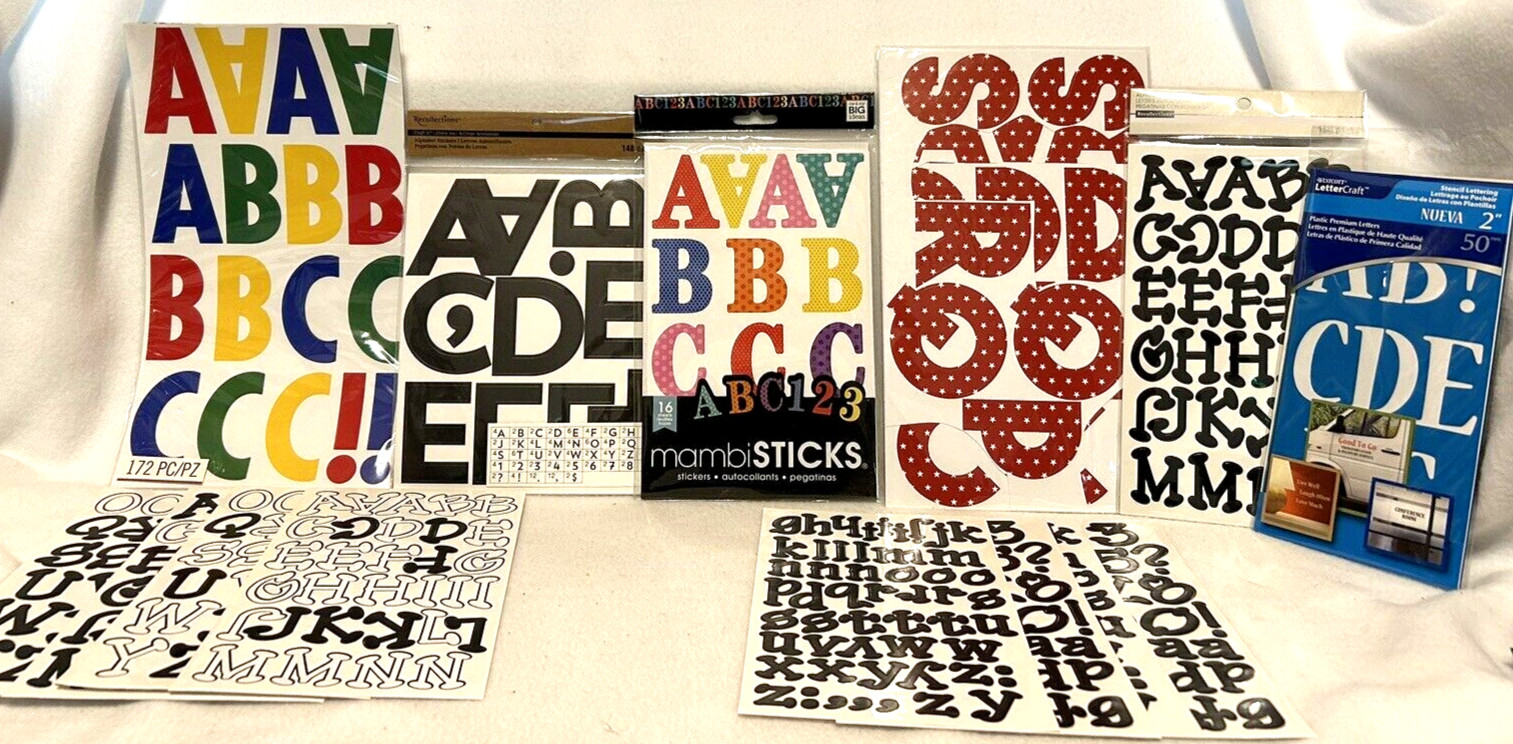 Lot Vinyl Stick On Letters And Numbers Assorted Sizes – Six Packs – See Photos