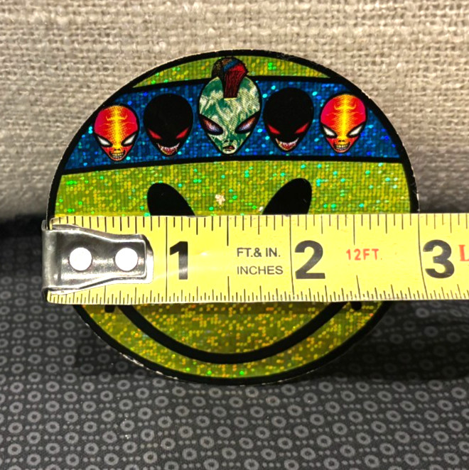Vintage! Smiley Face with Alien Head Headband! ~Sticker ~Yellow Prism Glitter 3"