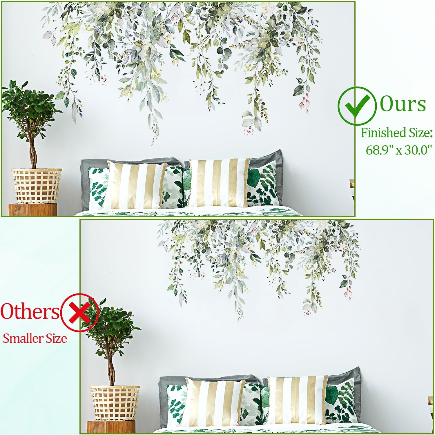 Green Plants Leaves Wall Decals Peel and Stick Large Floral Flowers Wall Sticker