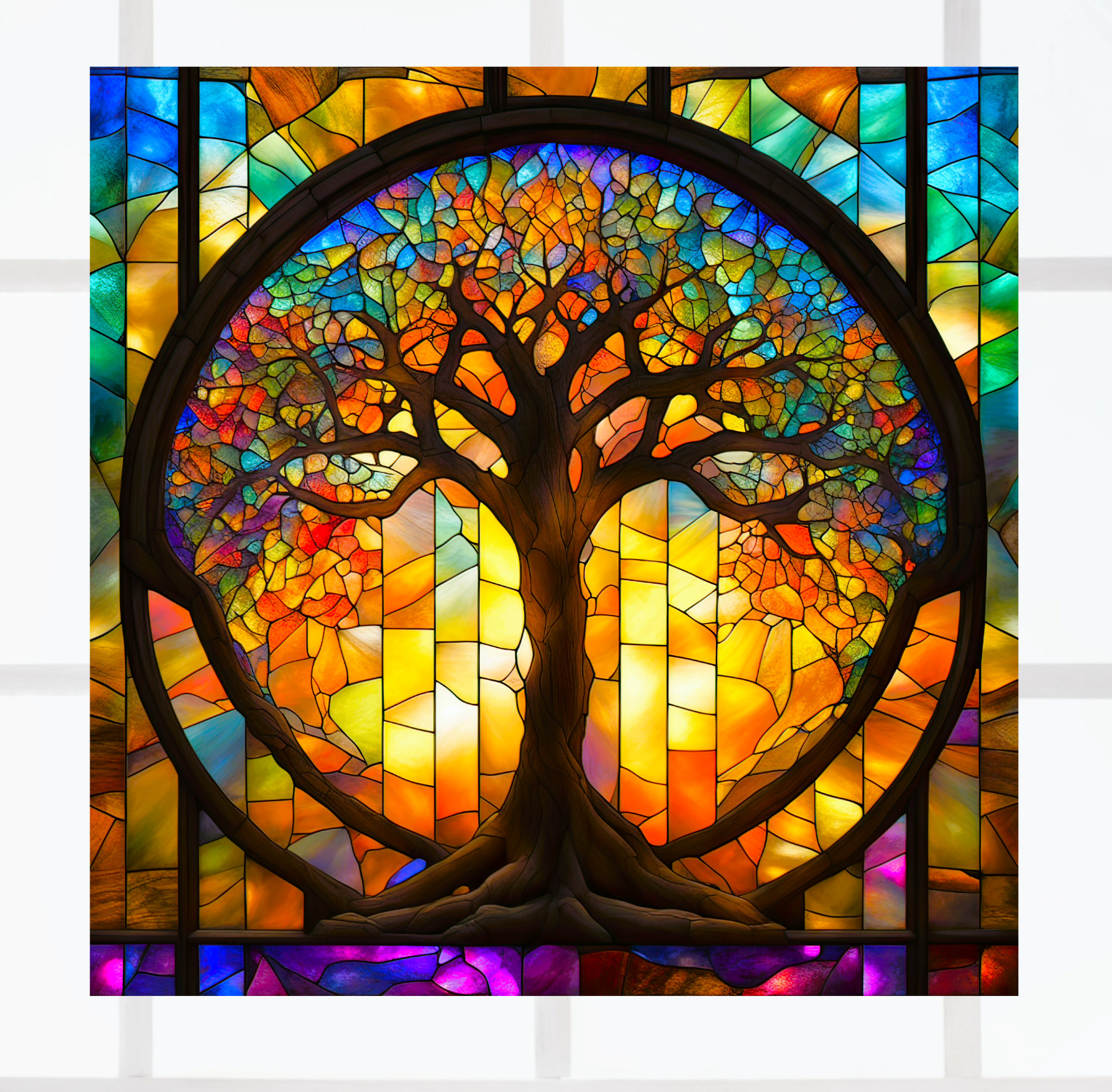 Tree of Life ~ Faux Stained-Glass WINDOW CLING Size 8" Square Vinyl