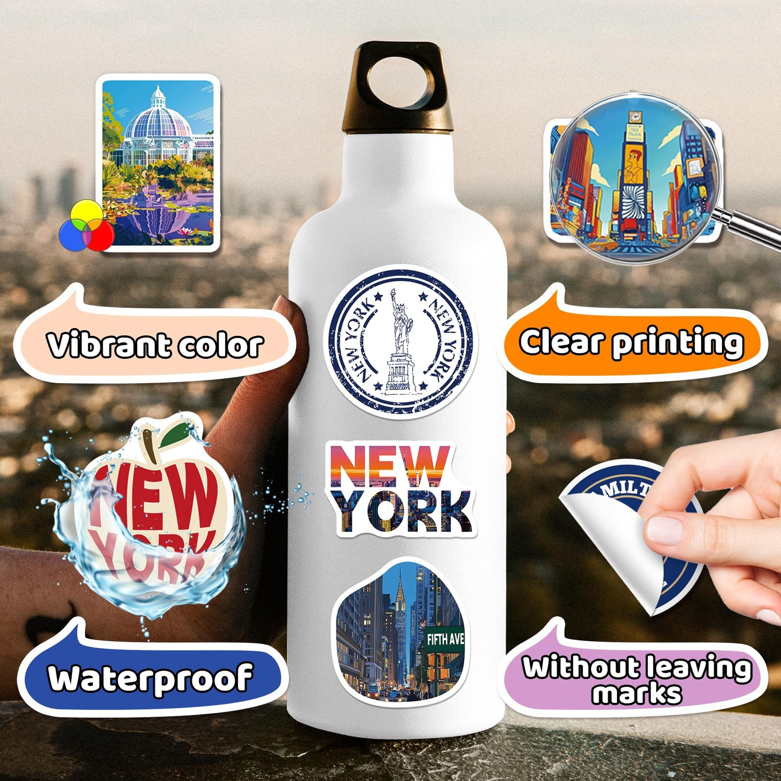 100PCS New York Stickers, Waterproof NYC Travel Blue, Yellow, Red, White