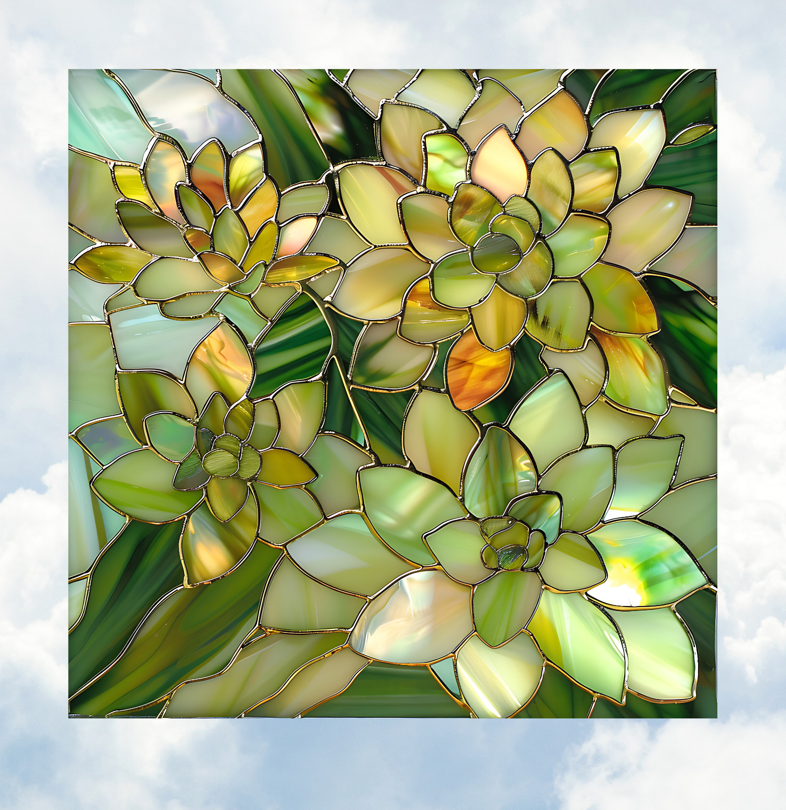 Succulent Plants Faux Stained-Glass WINDOW CLING Size 8" Square Vinyl