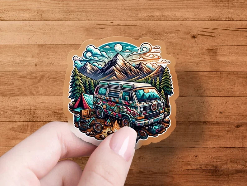 Van Life Adventure Sticker – Water-Resistant Camping Scene, VW Bus, Outdoor Gift