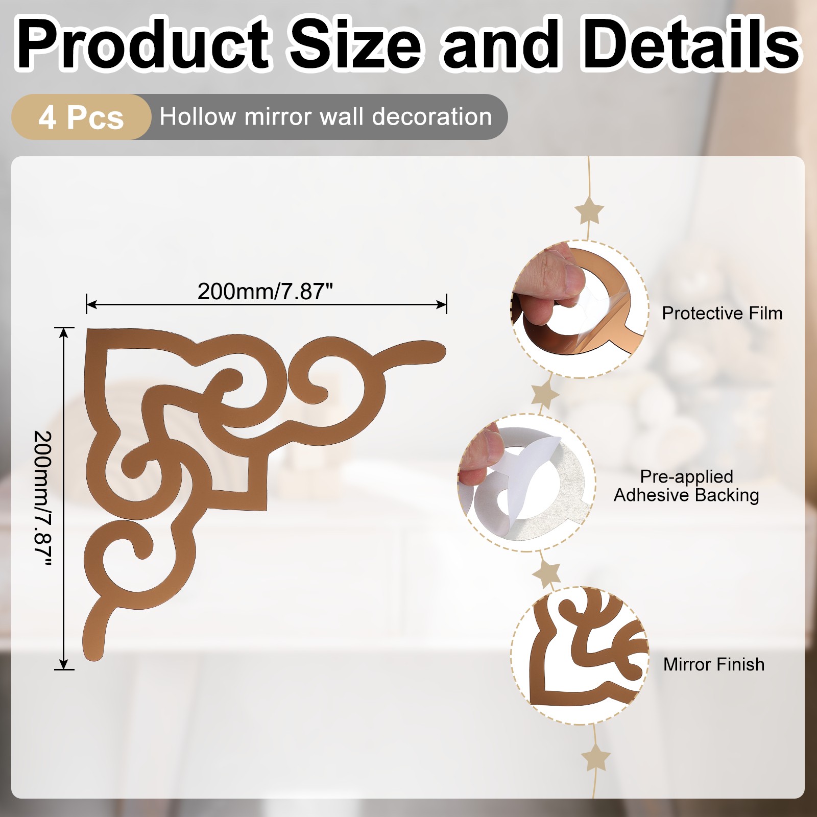 4 Pcs Hollow Mirror Wall Stickers (Tan, 7.9 x 7.9")