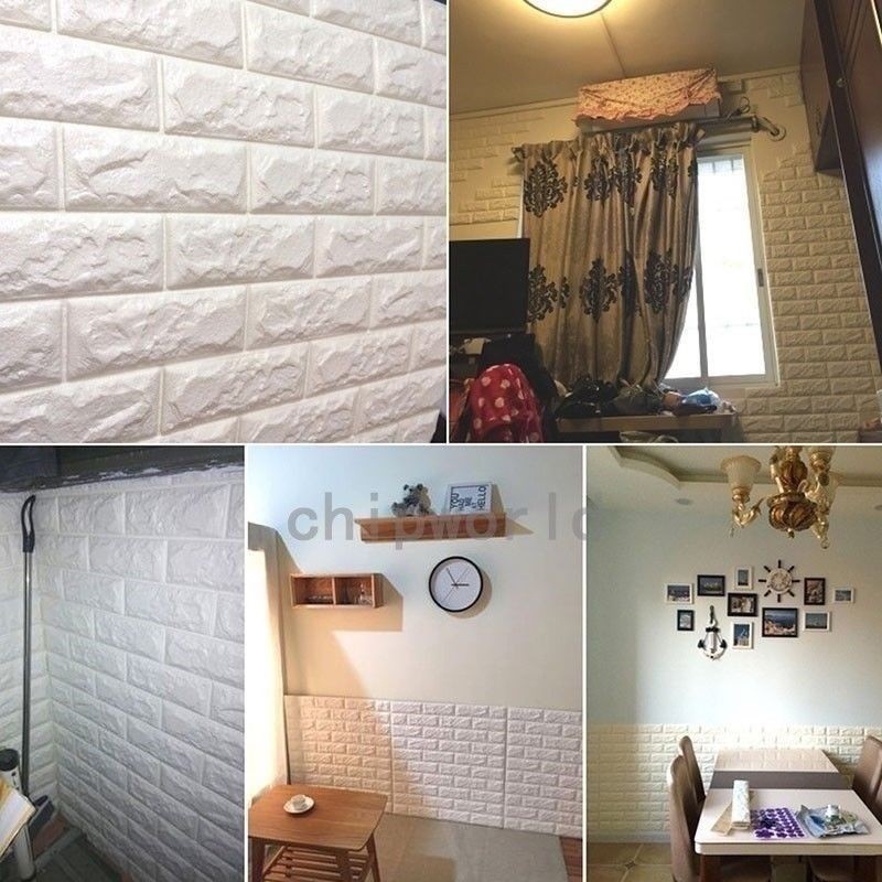 10PCS 70*30cm 3D Wallpaper Stone Brick Wall Sticker Panel Foam Wall White Decors