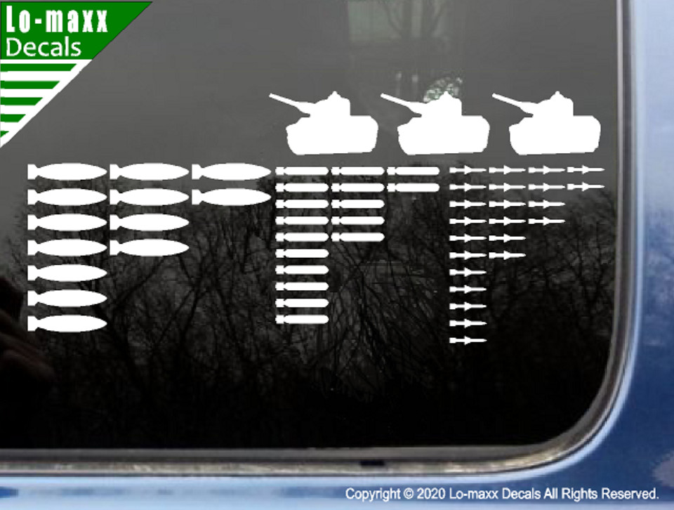 Set Of 53 Bombs And 3 Tanks Military Aircraft Kill Markings Die Cut Vinyl Decal