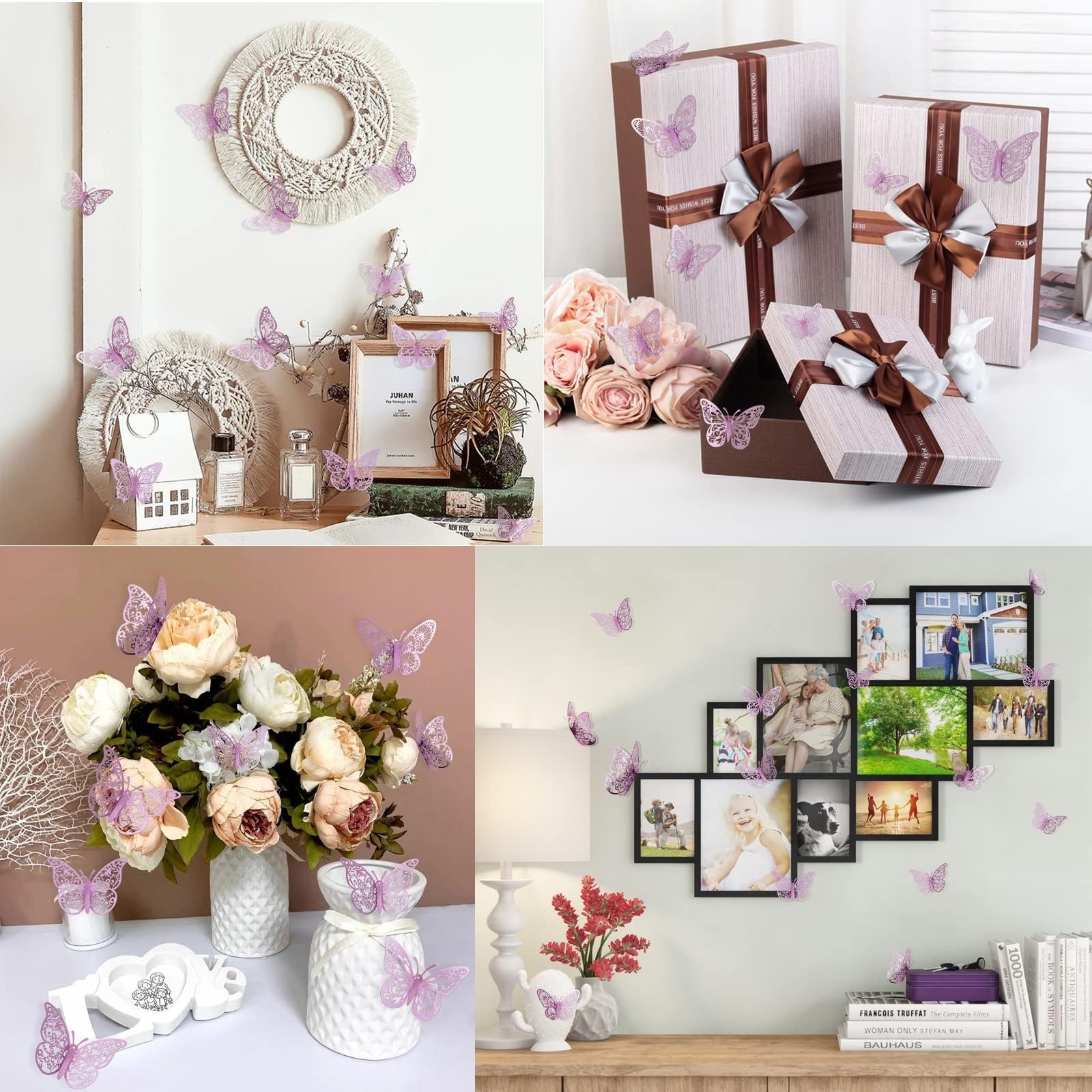 72 Pcs Butterfly Decorations, 3 Sizes 3 Styles, Wall Decor, Lavender Purple