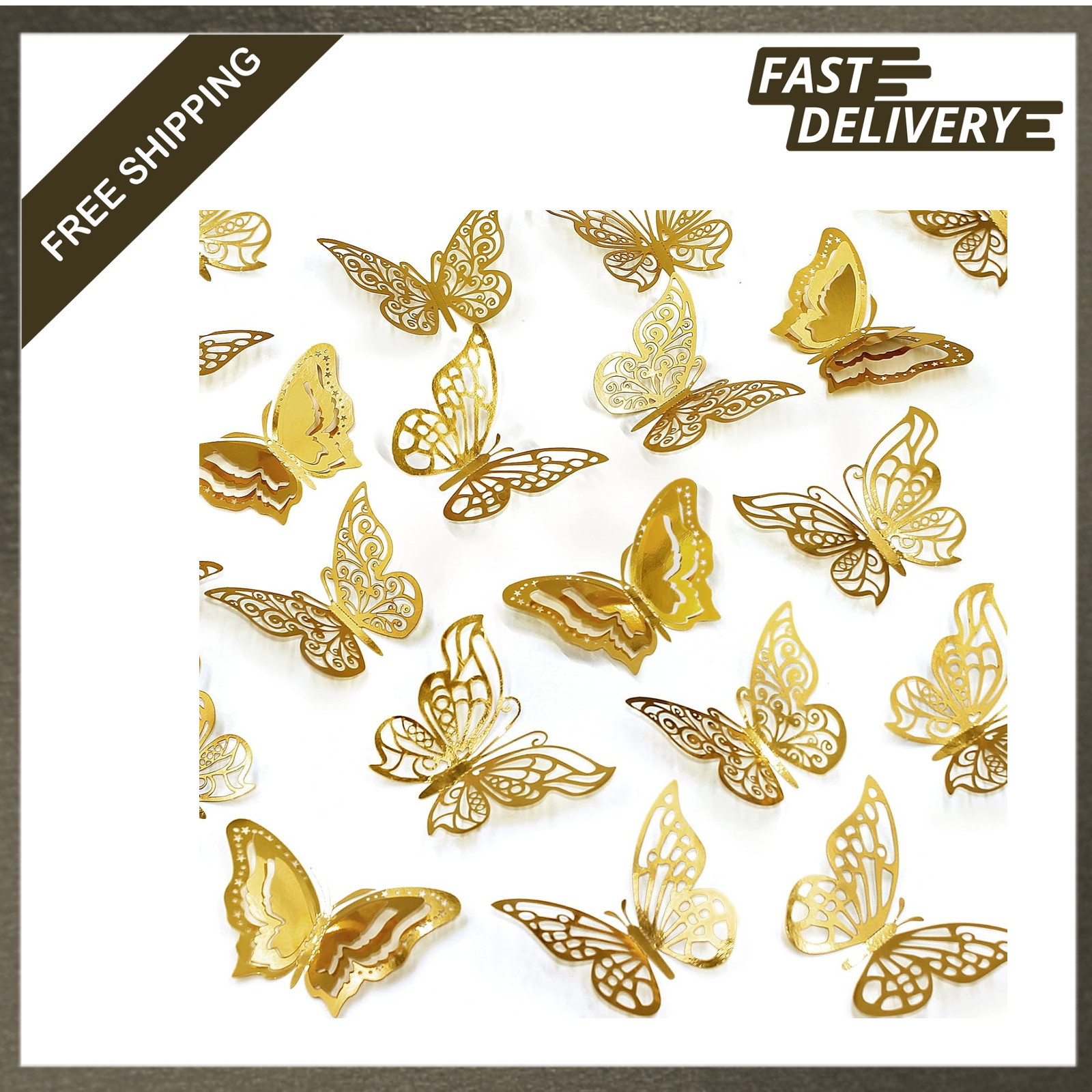Butterfly Wall Decorations Set, 3D Metallic Stickers, 4 Styles, 3 Sizes, Gold