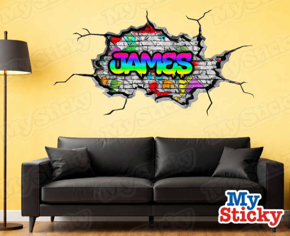 Custom Graffiti Name Wall Decal 3D Brick Breakthrough Personalized Room Sticker