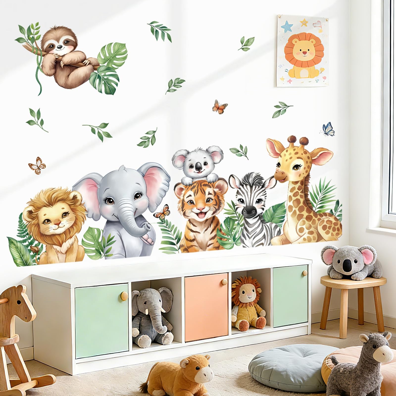 Jungle Animals Tropical Leaves Wall Stickers Safari Lion Giraffe Elephant Wal…